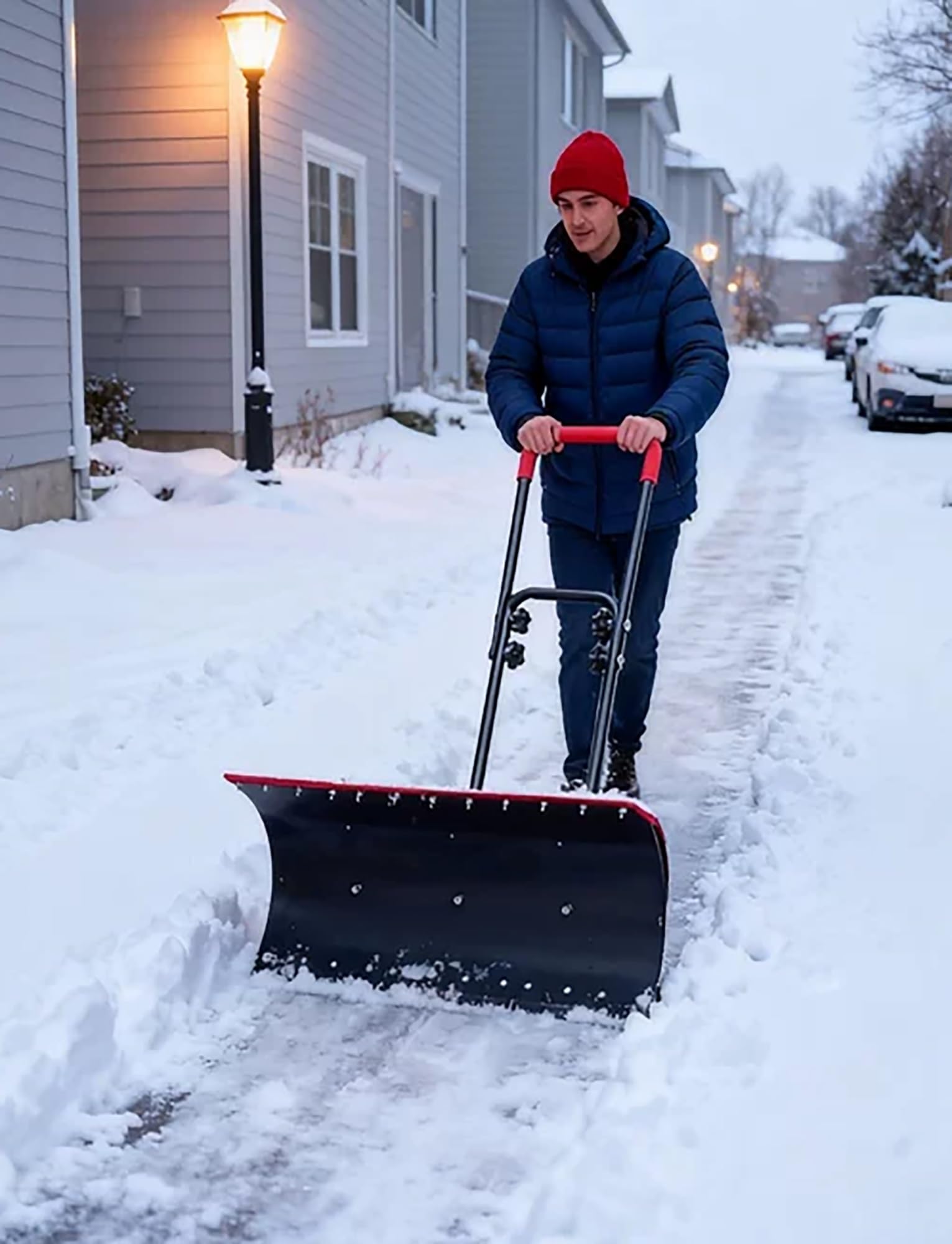 Pala empujadora de Nieve de Metal con Ruedas, empujador de Nieve rodante bidireccional Resistente for calzadas y aceras