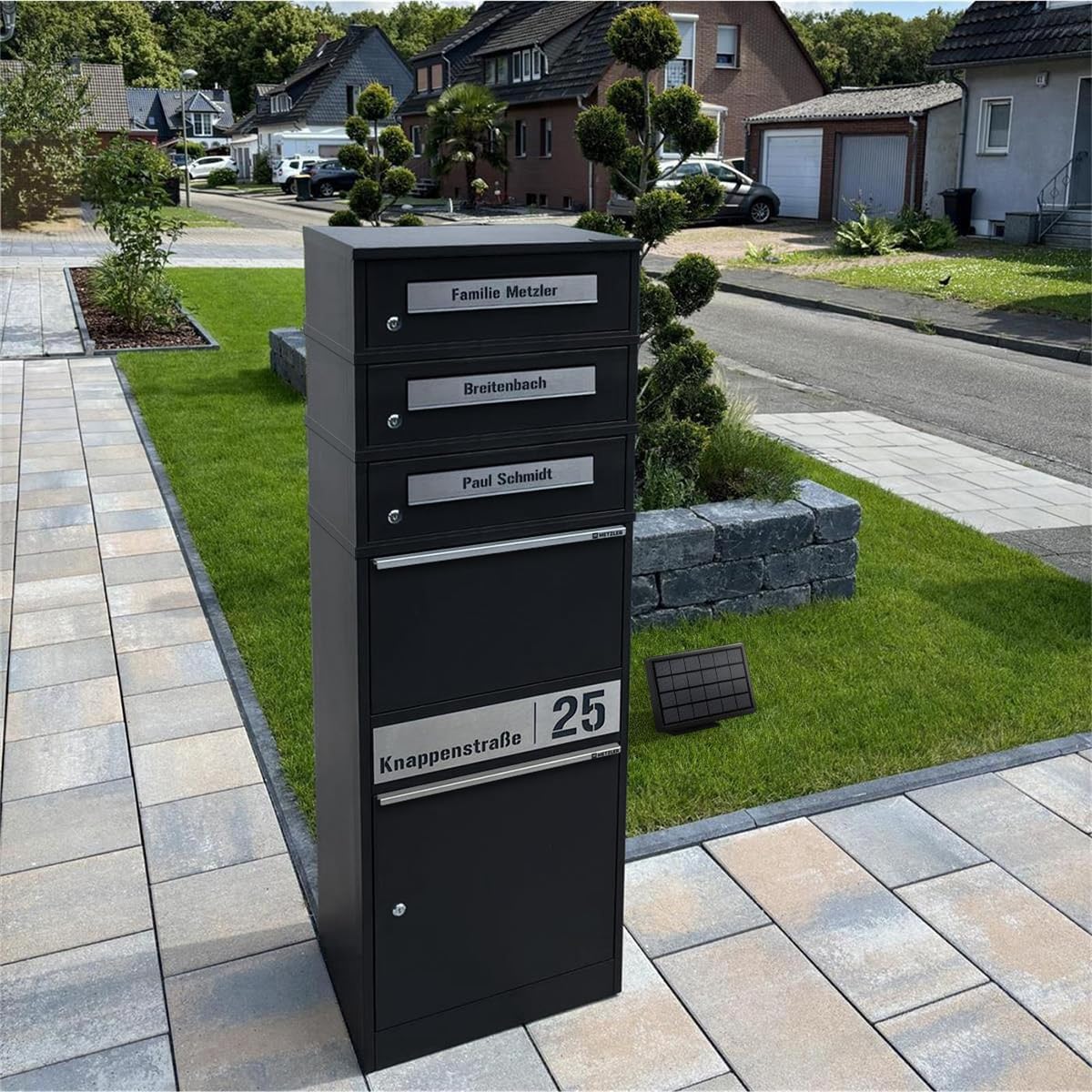 LED Light Up Parcel Letter Box with Name Engraving, Solar Powered and Lockable, Black with Engraving, Weatherproof and Freestanding, with Three Letter Boxes, Space Saving for DHL M Parcels