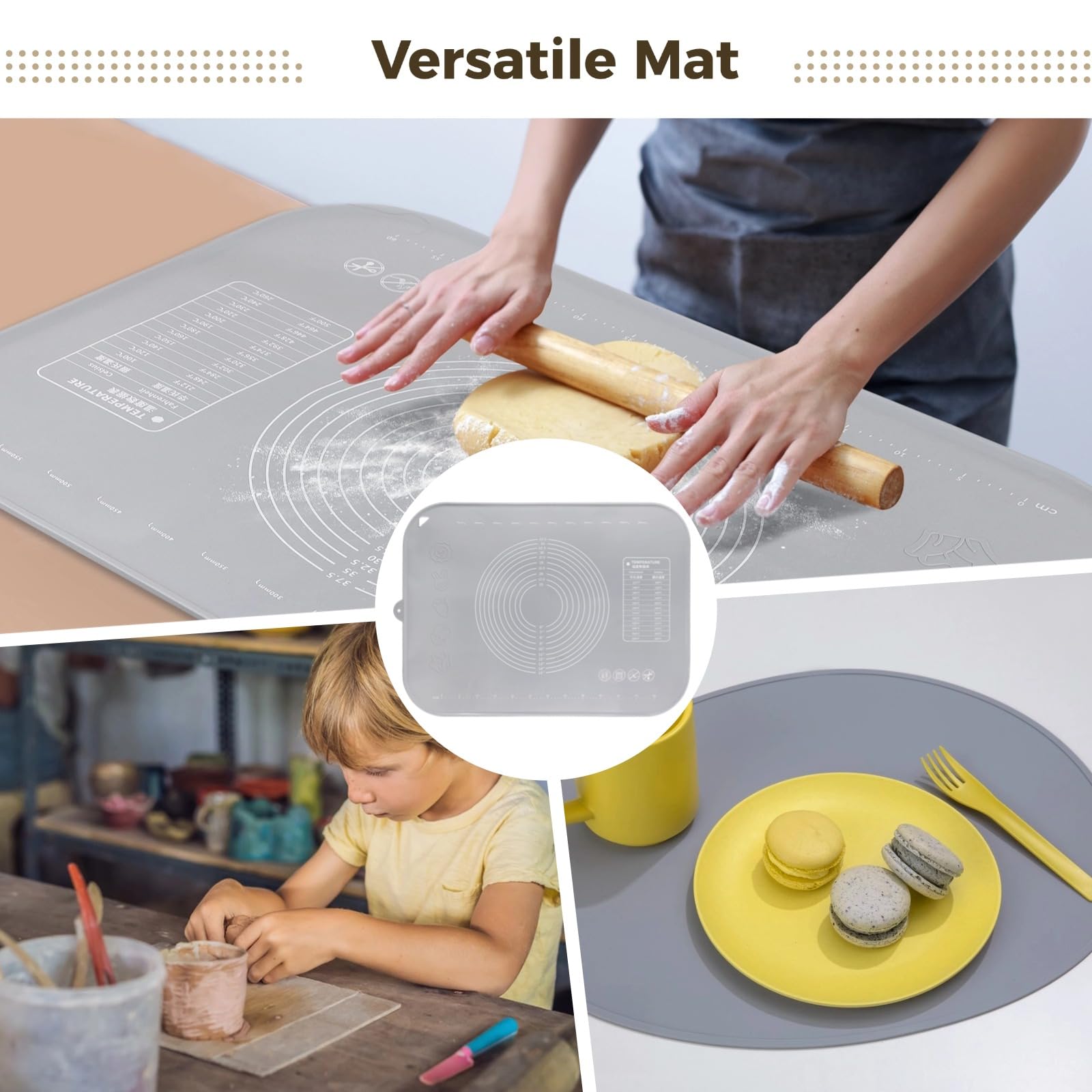 Silikon-Backmatte 31,5 x 23,6 Zoll, rutschfeste Teigmatte mit Maßangaben, extra dicke Knetmatte mit erhöhtem Rand, hitzebeständige Arbeitsmatte für Gebäck, mit Zubehör für Küche und Backtisch