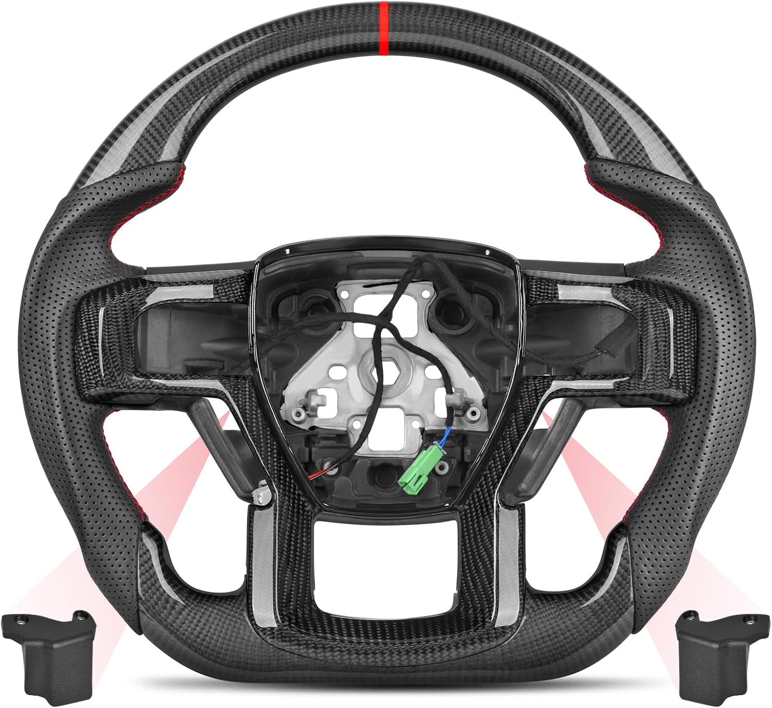 Heated Real Carbon Fiber Steering Wheel Includes Real Carbon Trim Bezel for Ford F-150 Raptor 2015-2020, F-250 F-350 F-450 Super Duty 2017-2022, Red Stitching Flat Bottom, Retains OEM Heating