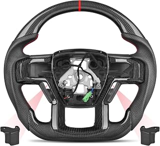 Heated Real Carbon Fiber Steering Wheel Includes Real Carbon Trim Bezel for Ford F-150 Raptor 2015-2020, F-250 F-350 F-450 Super Duty 2017-2022, Red Stitching Flat Bottom, Retains OEM Heating