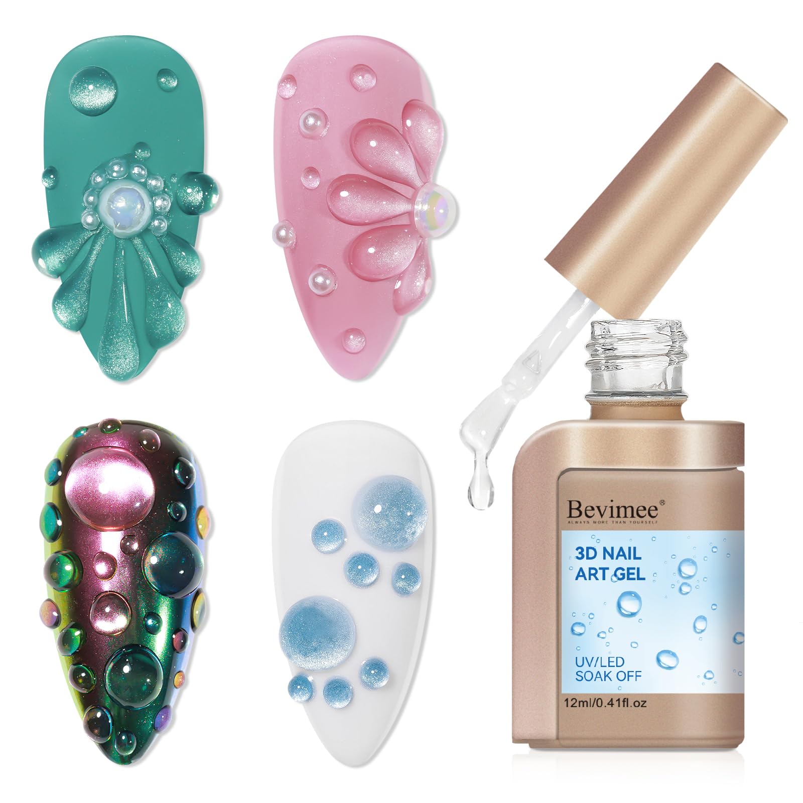 Bevimee 3D Sculpting Gel for Nail Art, 12ML Clear Water Droplet Rain Drop Effect, Design, Carving, Painting, Rhinestone Glue, Soak Off Manicure DIY
