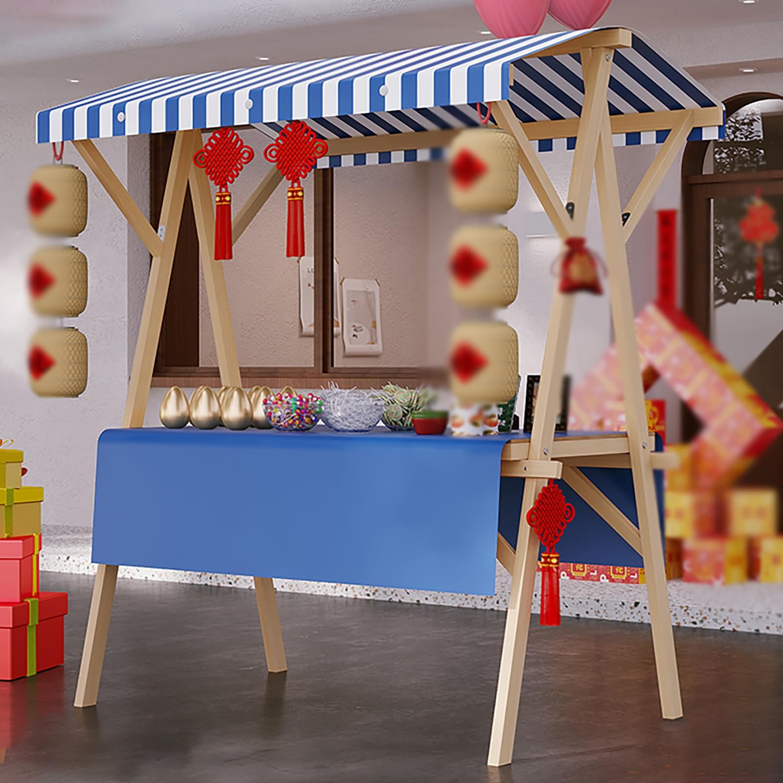 Commercial Vendor Cart with Wheels & Awning, Foldable Food Display Cart for Events/Farmers Market/Street/Beach, Heavy Duty Wooden Retail Booth Kiosk(Blue,L 120cm)