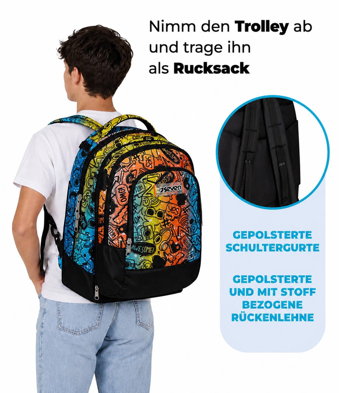 Seven Set Schulranzen mit Rollen, Schulrucksack Mädchen Junge 1. klasse, Rucksack mit Trolley Funktion, 2 in 1 Trolley + Mäppchen mit 3 Fächern