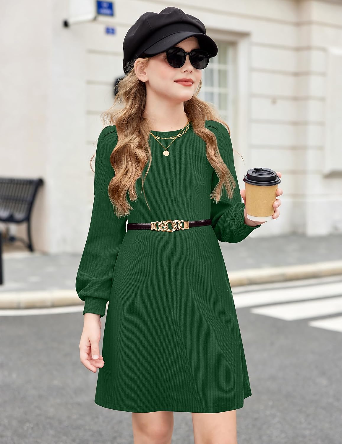 Arshiner Girls Sweater Dress Fall Winter Knit Puff Long Sleeve Pullover Casual Dresses with Pockets