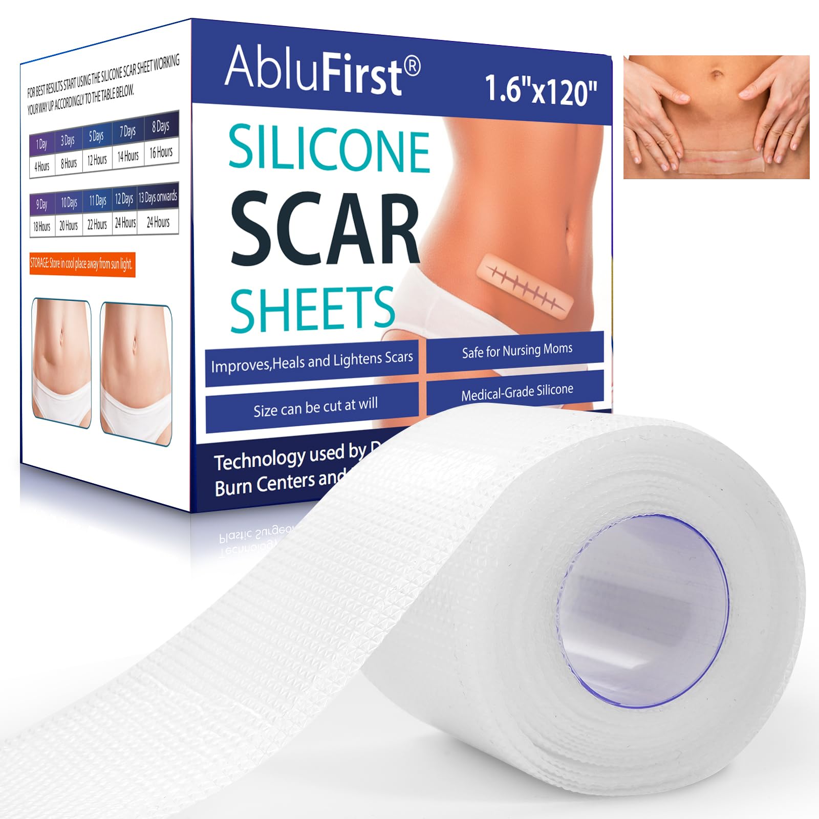 Silicone Scar Tape, Medical Silicone Scar Sheets, Strips, Scars Away, Effective Professional Scar Removal Sheets for Keloids, Tummy Tuck, C-Section, Acne, Burn et (1.6x120 Inch (Transparent))