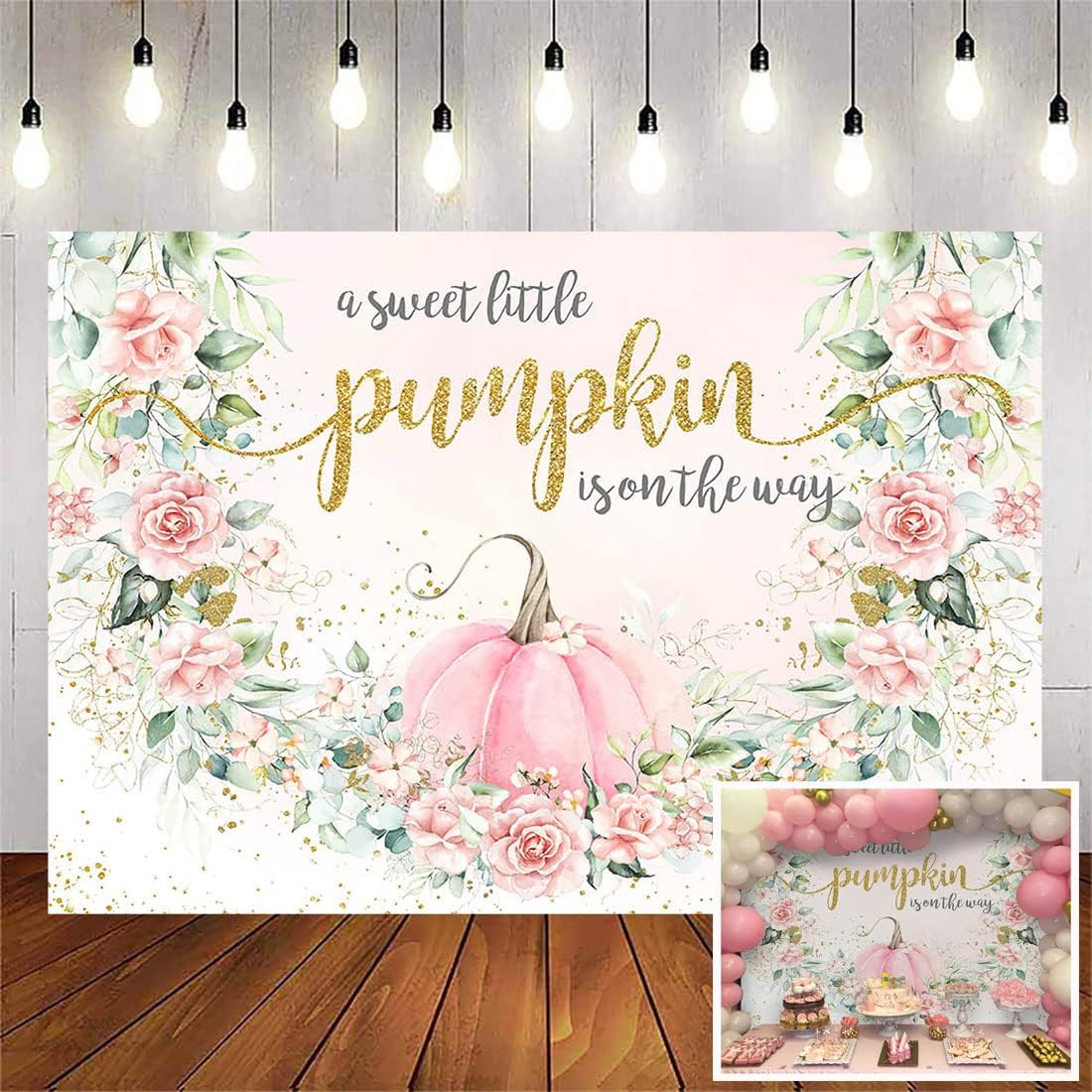 Avezano Fall Pumpkin Baby Shower Backdrop for Photography 7x5ft Sweet Girls Autumn Floral Golden Dots Pregnant Announcement Party Background Cake Table Decorations Banner