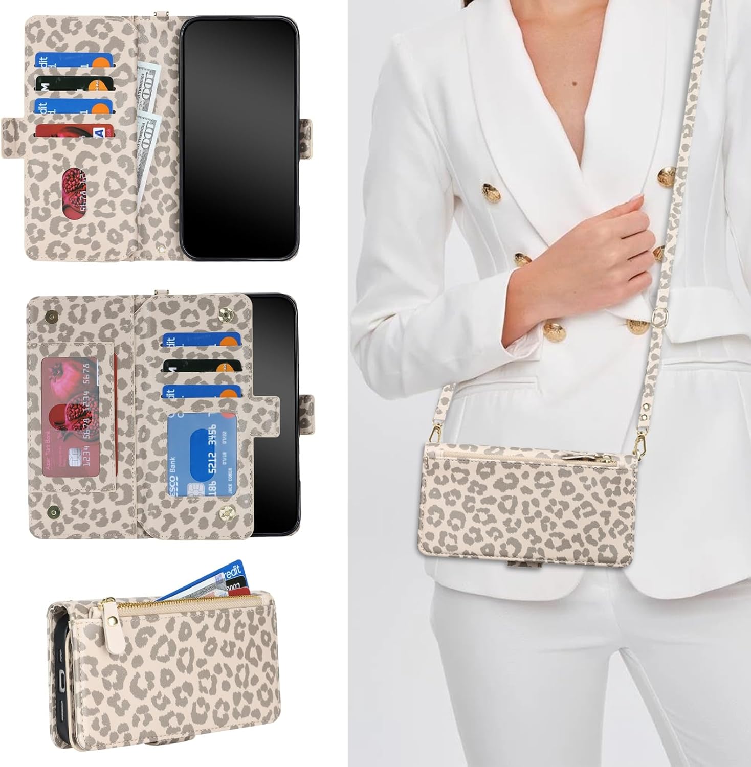 Jaorty for iPhone 17 Phone Case Wallet with Crossbody Strap, Shoulder Necklace Lanyard,flip Cover PU Leather, for Women Men, Zipper Pocket, Kickstand, Card Holder, 6.3" Beige Leopard
