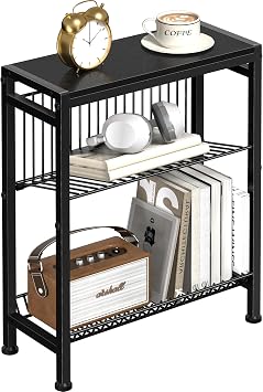 Narrow Side Table for Small Space, 3-Tier End Table with Magazine Holder, Slim Nightstand with Wire Shelf, Skinny Bedside Table in Living Room, Bedroom, Study, Kitchen and Balcony Black