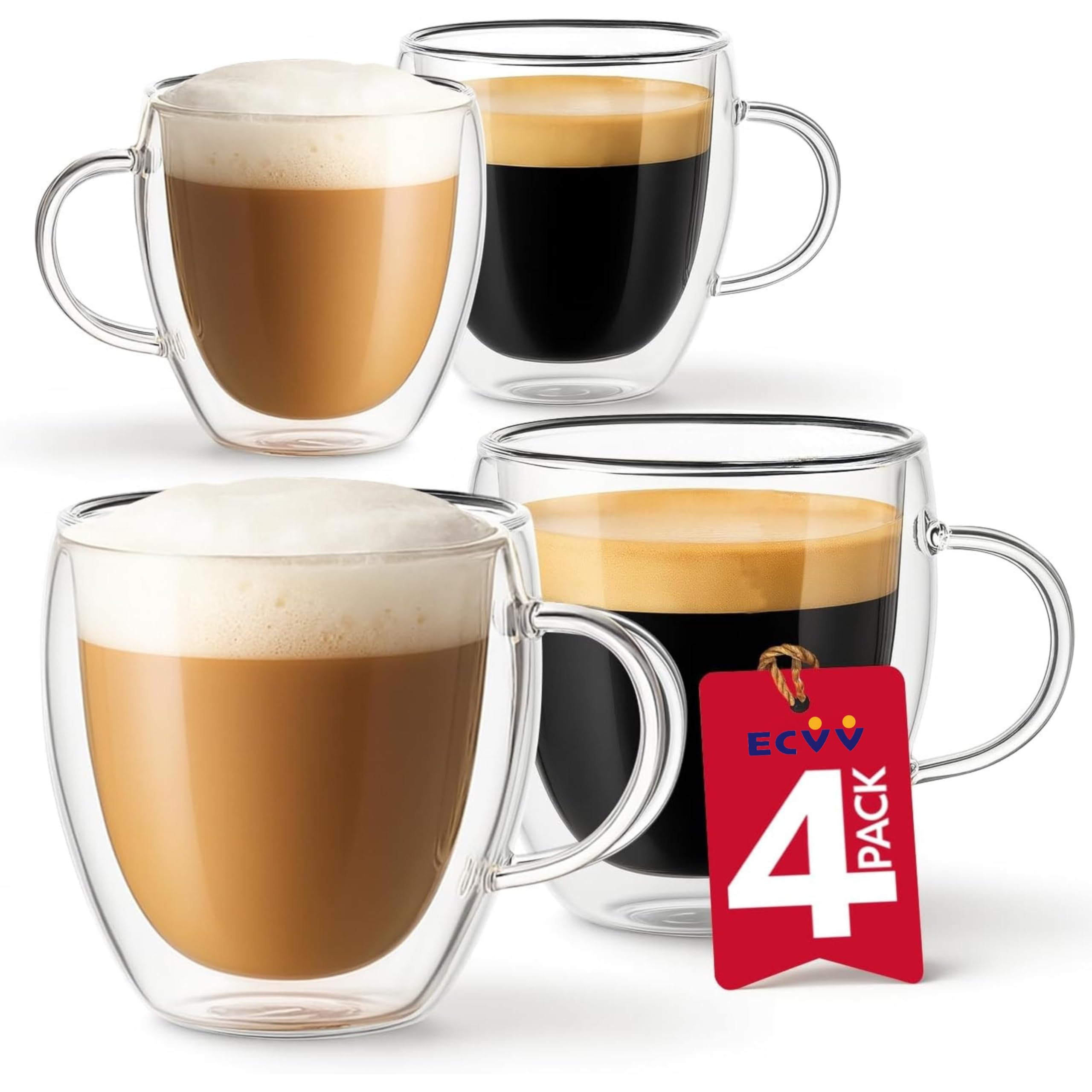 Double Walled Glass Coffee Mugs with Handle | 250ML/8.5OZ, Insulated Borosilicate Cups for Espresso, Cappuccino, Tea, Latte, Wine | 4-Piece Set