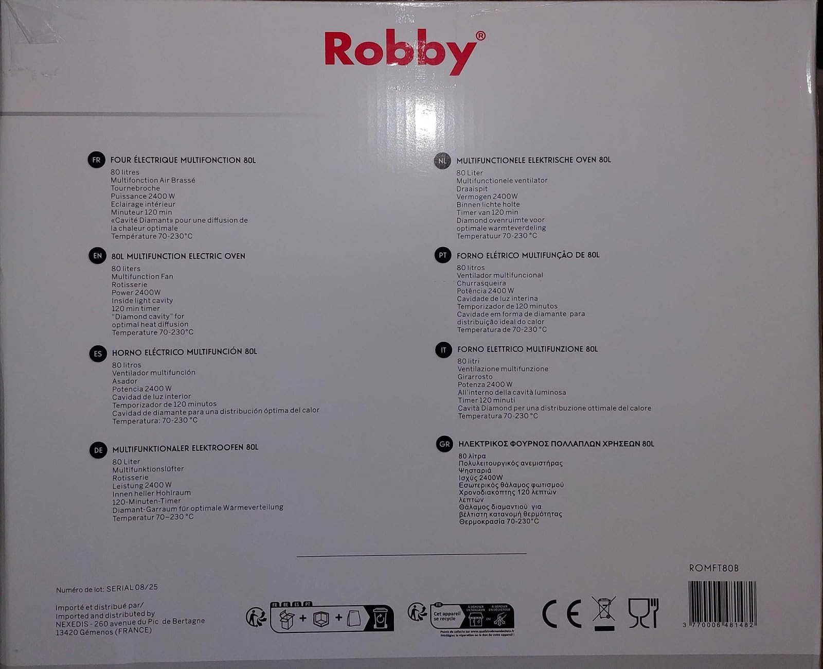 ROMFT80B - ROBBY - Four chaleur tournante 80l 2400w