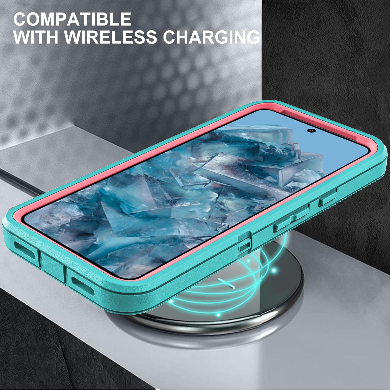 YKHJKLEC Funda para Google Pixel 8 Pro, grado militar 3 en 1, resistente a los golpes, caídas y polvo con 2 protectores de pantalla de vidrio templado (azul aguamarina/rosa)