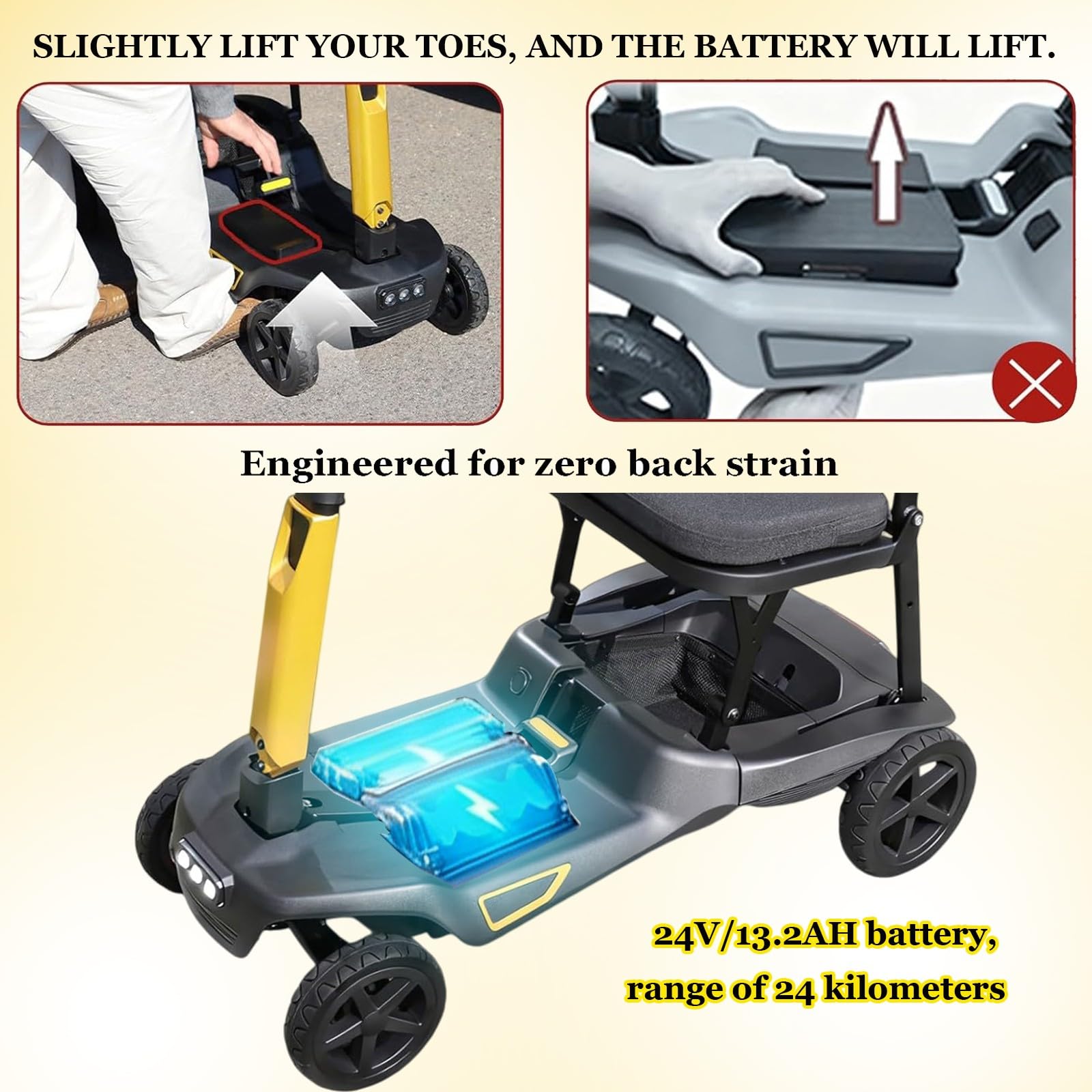 Scooter De Movilidad De 4 Ruedas Scooter De Viaje Portátil Mobility Scooter Plegable/Ligero Con Baterías Extraíbles Duales Compartimentos De Almacenamiento Delanteros Y Traseros 13ah