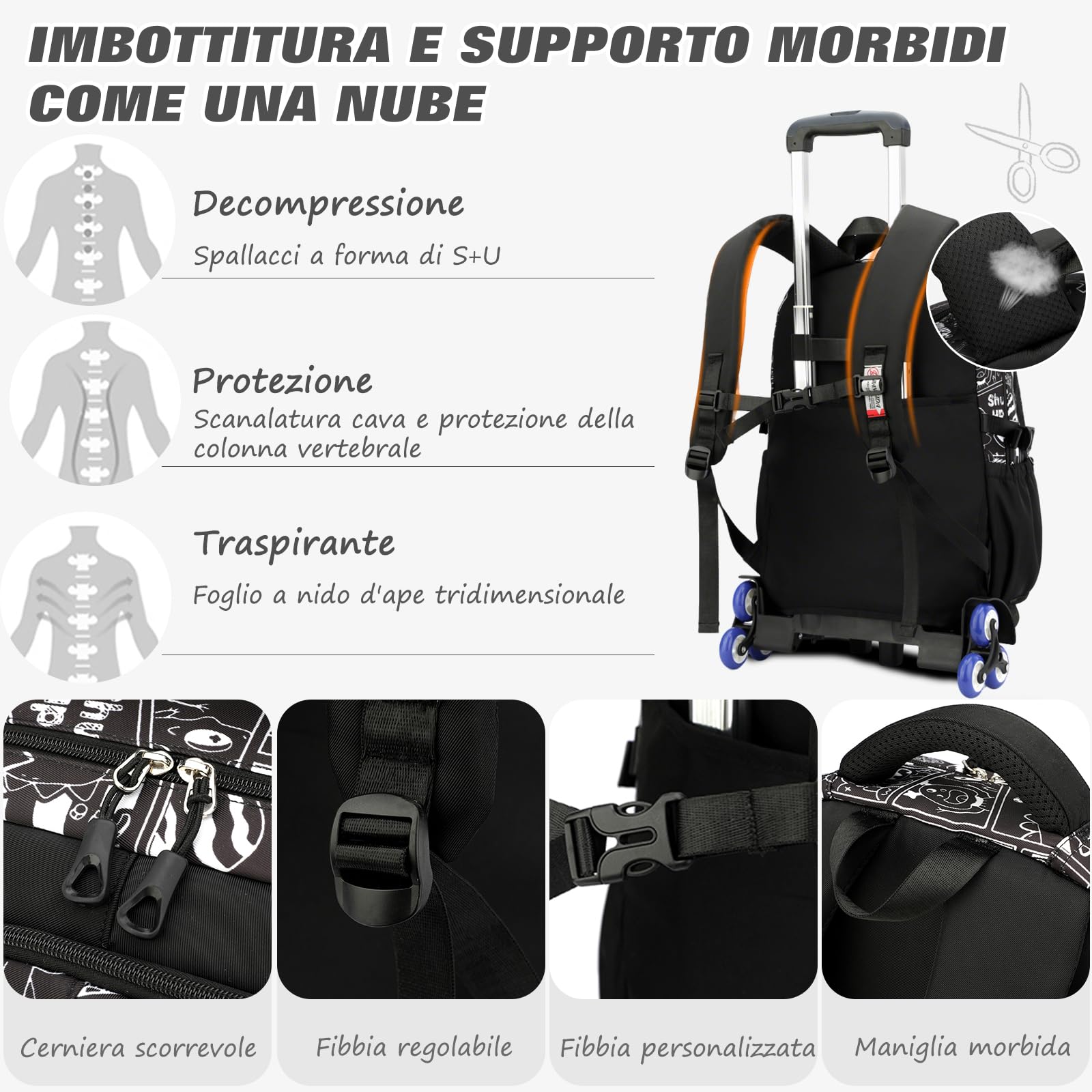 FANDARE 2-in-1 Zaino Trolley Scuola Sganciabile Nero Cartelle Zaini Elementare e Media da 35 Litri con 6 Ruote Doppio Uso Zaino con Carrello Fisso Zaini da Viaggio per Ragazza Ragazzo Adolescente