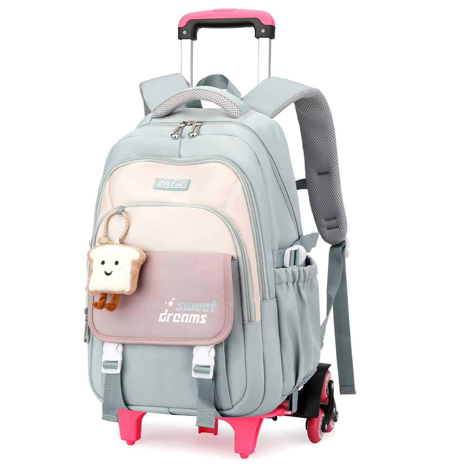 Amythe Zaino Trolley 2 in 1 per Ragazza Elementare Media, 6 Ruote, Verde | Zaino con Ruote per Ragazza, Zainetto Casual Adolescenti con Pettorina, con Ciondolo, Viaggio e Ritorno a Scuola