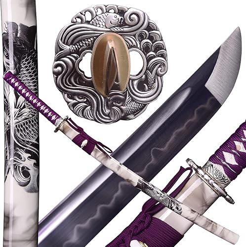 ANATAK Espada Katana hecha a mano, espada samurái japonesa por 1060 acero al carbonoacero doblado damascoacero T10 de arcilla templada, espiga disponible en Yaxa Colombia