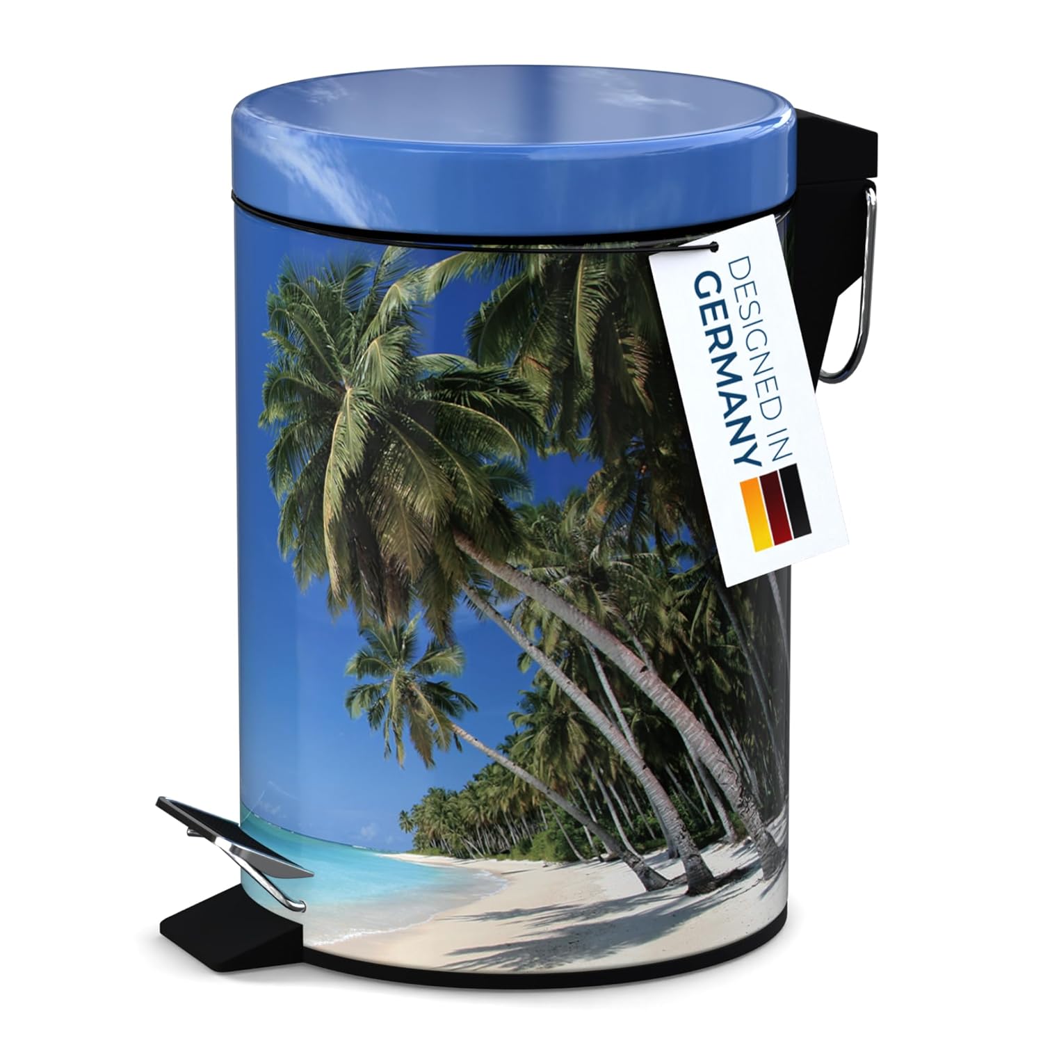 Sanilo Small Bathroom Trash Can with Lid [1.3 Gallon] - Lidded Tiny Trashcan for Garbage - Mini Metal Bin with Soft Closing Mechanism - Bath Room Accessoire Wastebin with Inner Bucket (Caribbean)