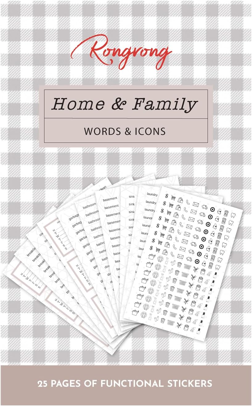 Rongrong House & Family Words and Icons Sticker Book – 25 Pages of Functional Planner Stickers – Chore, Cleaning, and Home Organization Stickers for Planners, Journals, Calendars & Family Schedules