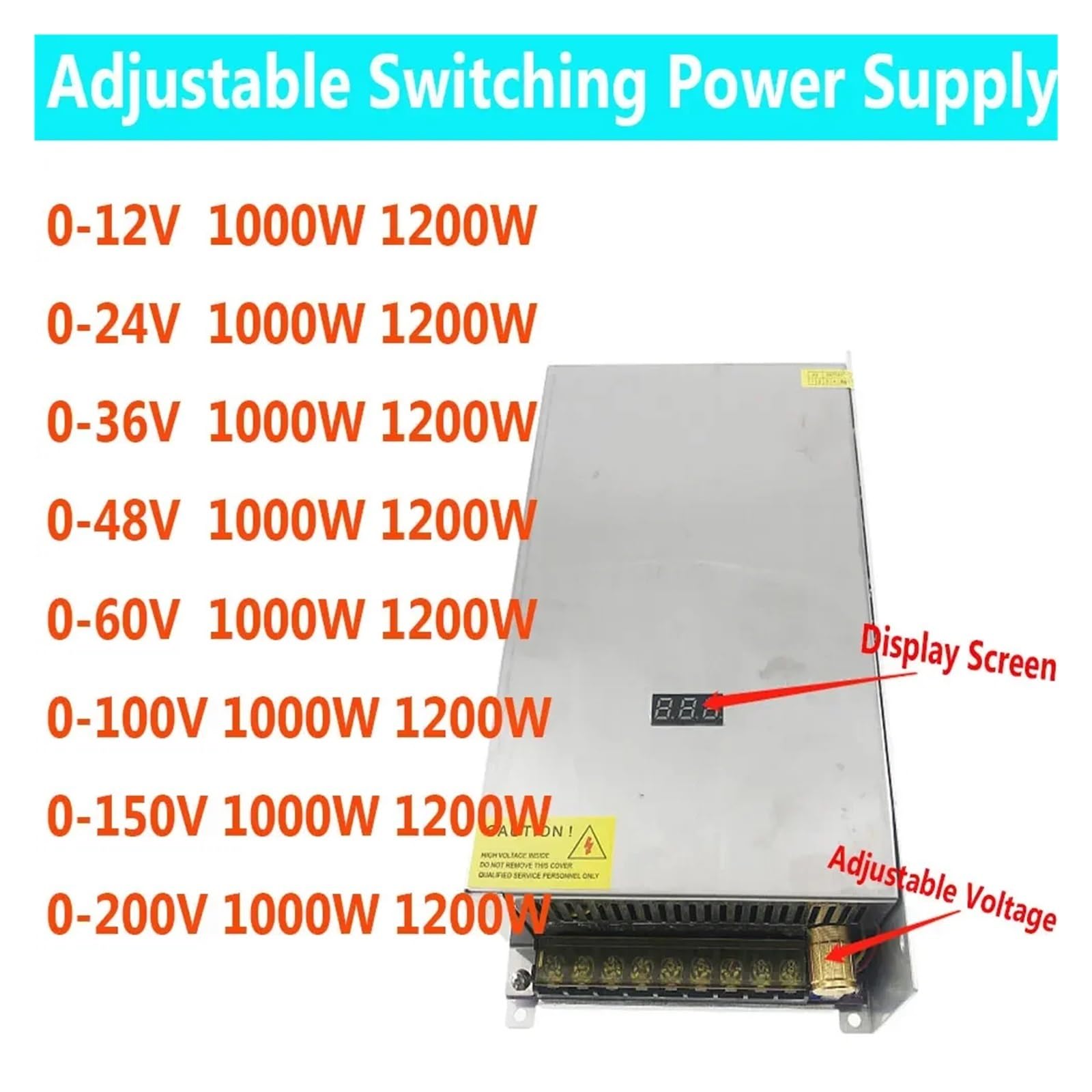 Fuente de alimentación conmutada de CC de 0 a 12 voltios, 24 V, 36 V, 48 V, 60 V, 100 V, 150 V, 200 V, 1000 W, 1200 W, pantalla digital, voltaje ajustable y regulado Para RV, automóvil, computadora y