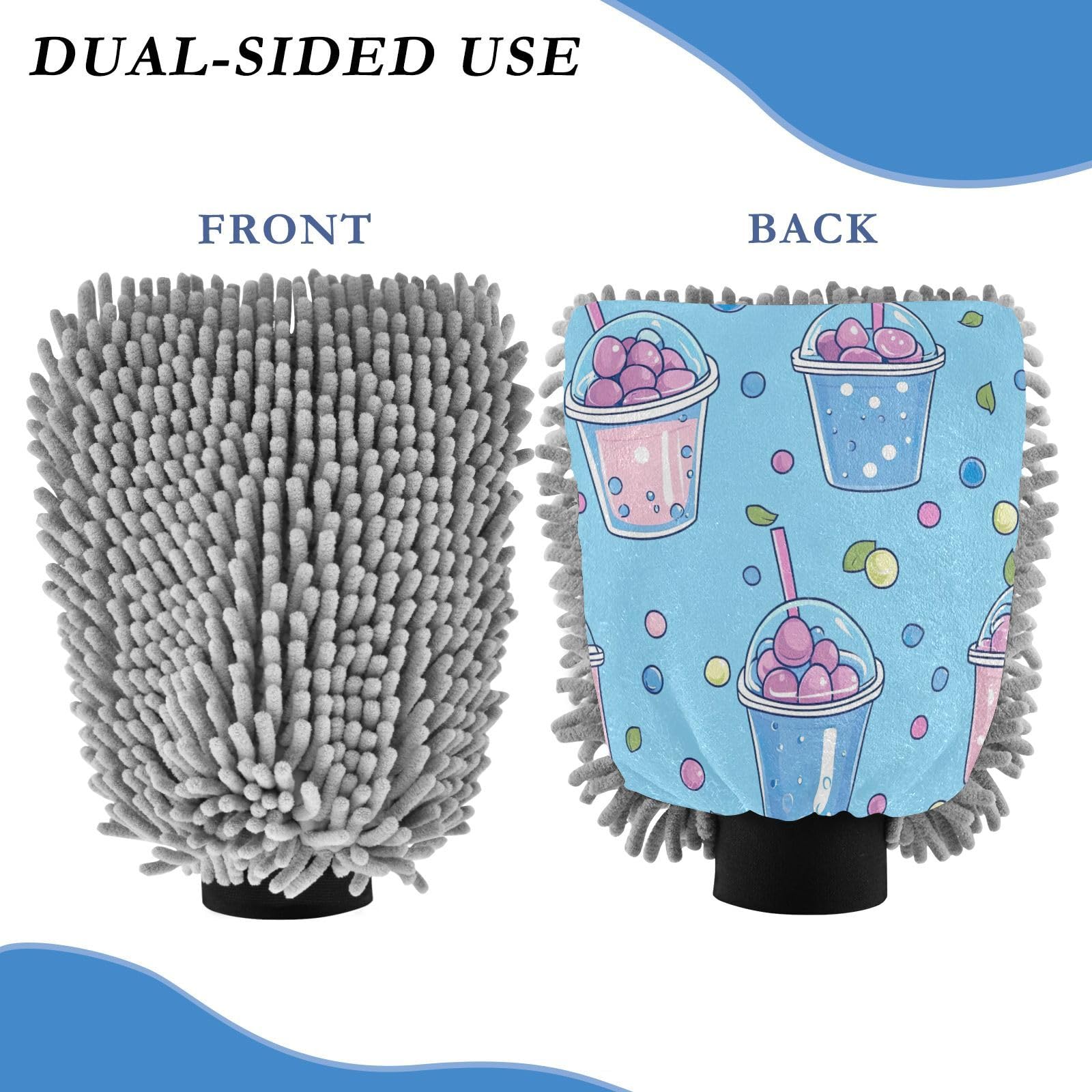 STAYTOP Cartoon Milk Tea Cup Car Wash Mitt Microfiber, 2Pcs Scratch Free Lint-Free, Premium Chenille Microfiber Mitt Car Wash Brush-M