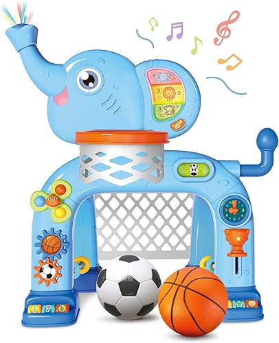 SpringFlower Aro de baloncesto y centro de actividades de portería de fútbol para niños pequeños con luz y música, juguetes musicales de elefante