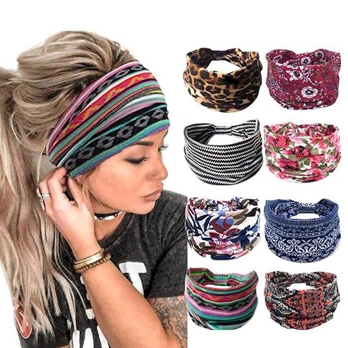 Bohend Diadema bohemia para yoga banda elástica grande para deportes playa accesorios para el cabello para mujeres y niñas 8 piezas