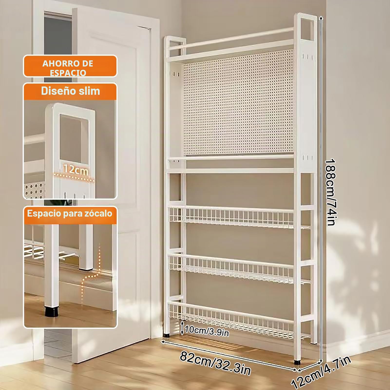 Estantería detrás de la puerta, estantería infantil que ahorra espacio con 5 niveles, estantería alta y estrecha detrás de la puerta, estantería de pared abierta con ganchos para dormitorio infantil