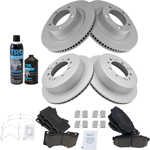 TRQ Pastilla de freno de cerámica y kit delantero y trasero de rotor recubierto con líquidos compatibles con camiones Toyota