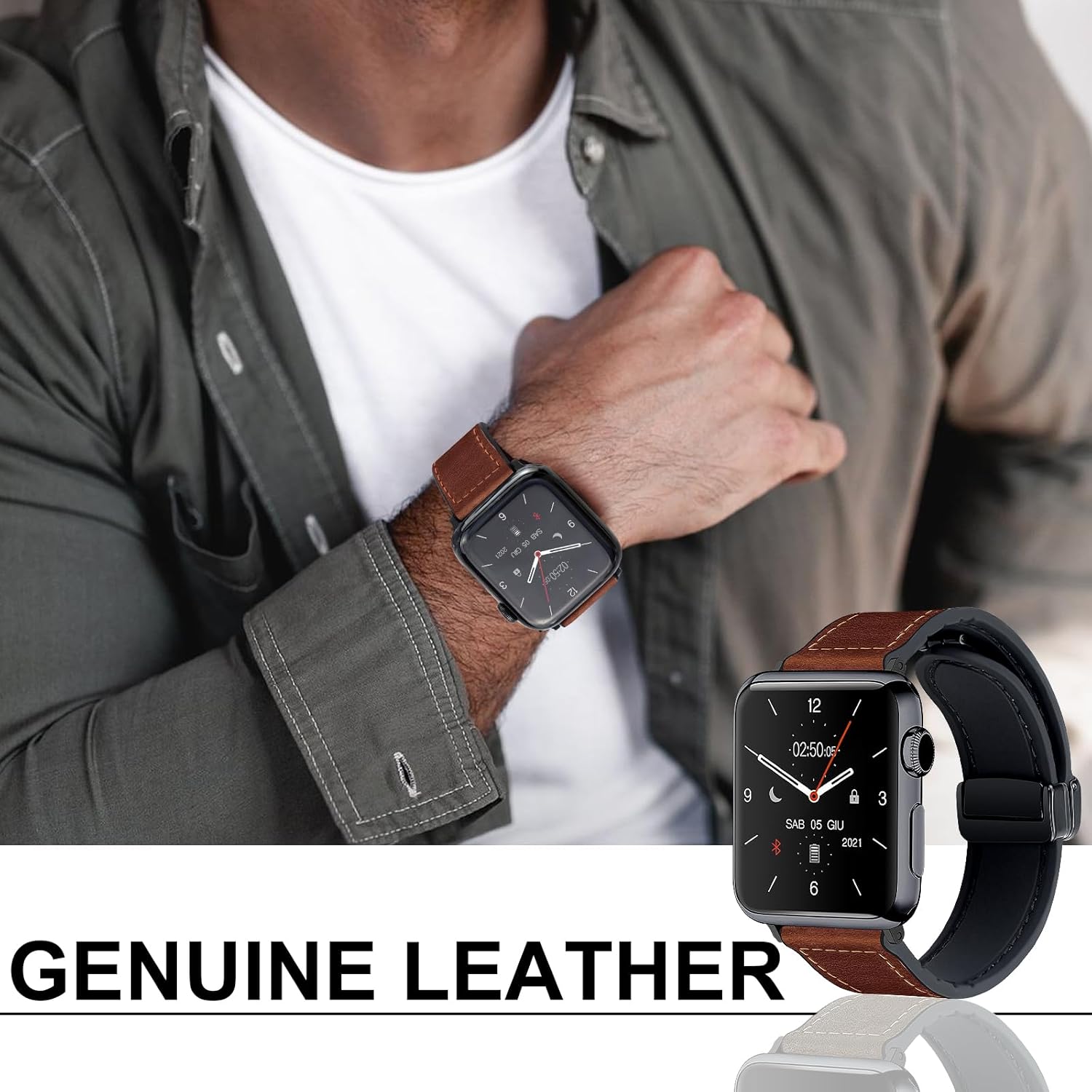 Magnetic Leather Bands Compatible with Apple Watch 42mm(Series 10/11) 41mm 40mm 38mm for Men Women, Genuine Leather with Magnetic Buckle for iWatch Series SE11/10/9/8/7/6/5/4/3/2/1 - Image 2
