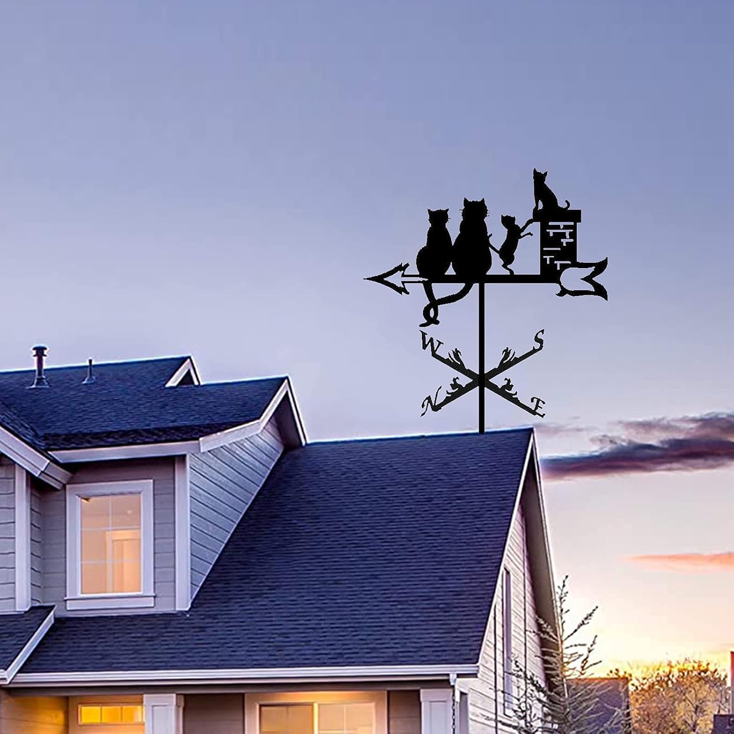 Weather Vane Cat Family Silhouette Weathercock Wind Direction Indicator wind vane Measuring Tools Stainless Steel for Patio Yard Ornament Decoration
