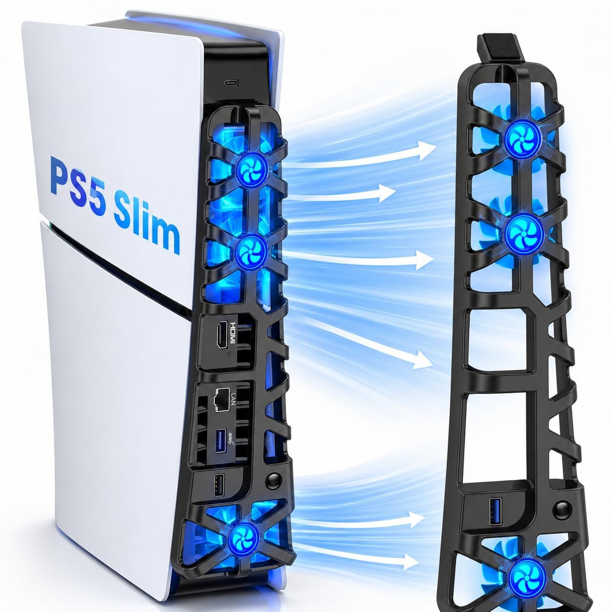 Geggal Cooling Fan Compatible with PS5 Slim Console | USB Powered External Cooling Fan with 3 Speed Modes & Blue LED | Silent Cooling System for PS5 Slim Disc & Digital Edition | Black-image-16