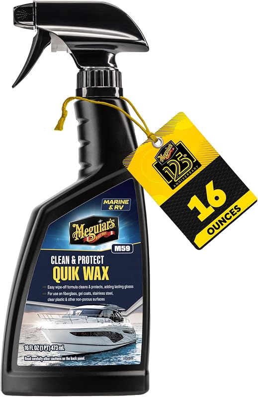 Meguiar's M5916 Marine and RV Quik Wax Clean and Protect, Removes Water Spots and Light Contaminants, Provides a Brilliant Gloss and Carnauba Wax Protection, 16 Oz