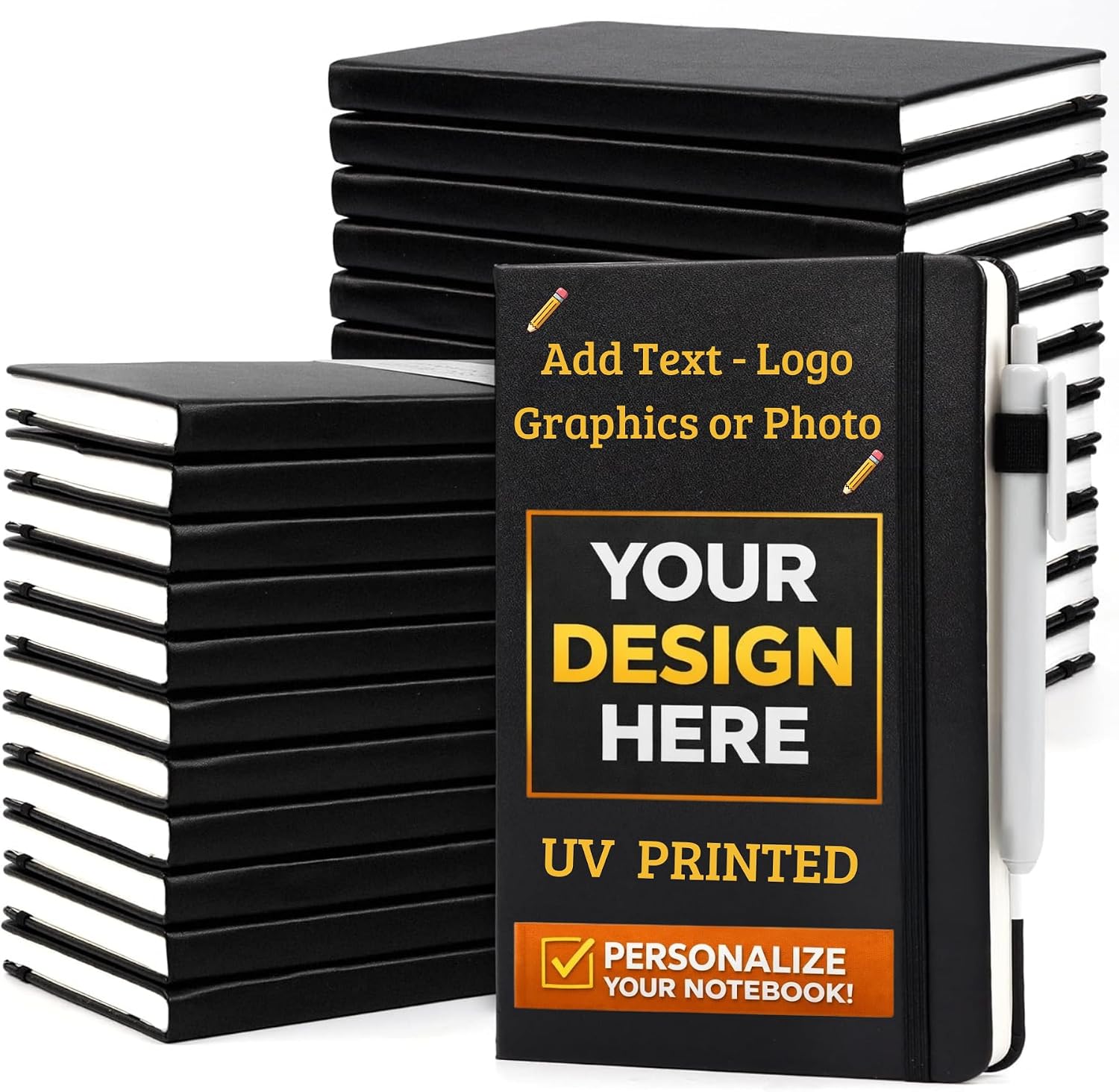 SANCANDO SWAG Custom Hardcover Notebooks Bulk Pack, Personalized UV Printed A5 Journal with Your Logo/Photo/Text, Lined Notebook for Corporate Gifts, Wedding Favors & Promotional Swag (10, Black)
