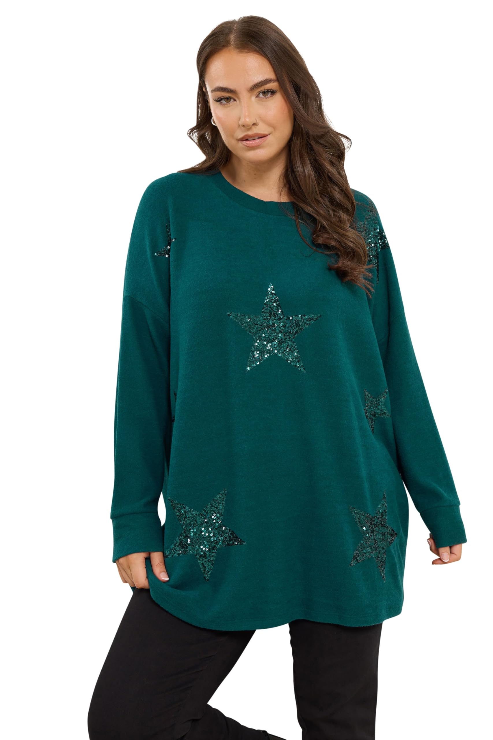 Yours Women's Green Curve Teal Sequin Embellished Star Jumper - Plus Size Curve