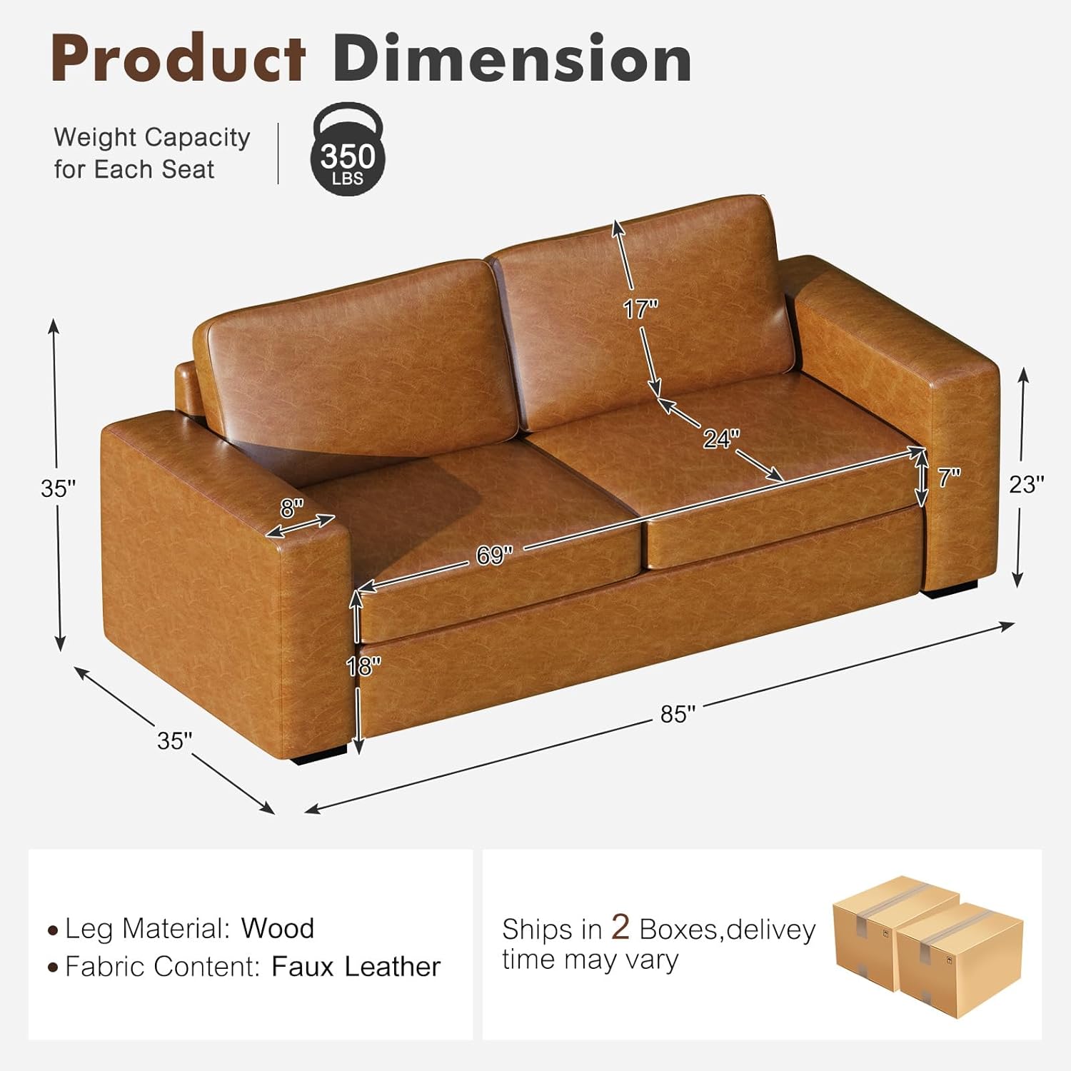 ABCASA 85" Faux Leather Couch with Padded Cushions, Mid-Century Modern Sofa with Extra Deep Seats, 3-Seater Sofa Couch for Living Room Apartment Lounge, Brown