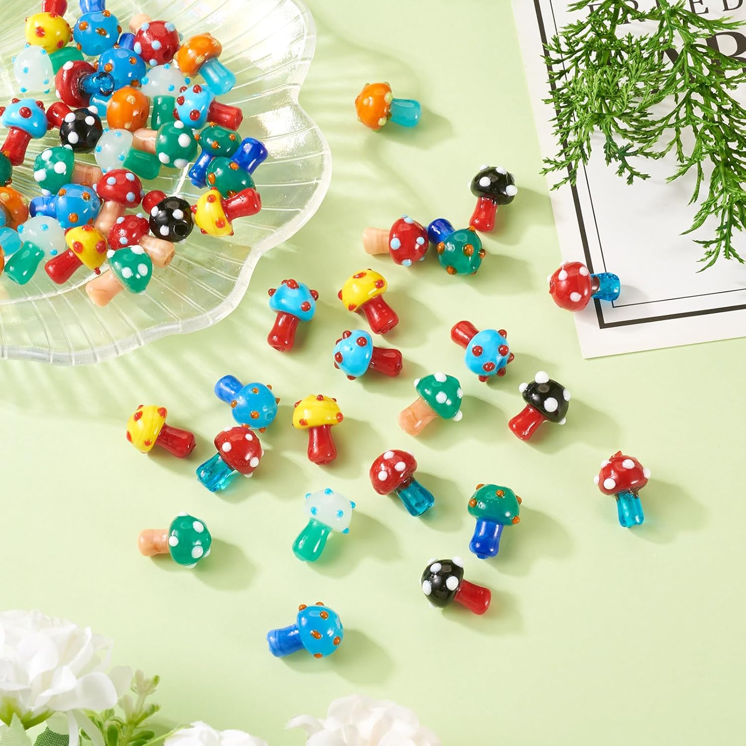 Cheriswelry 50Pcs Mushroom Lampwork Bead Cute Mushroom Glass Loose Spacer Bead Handmade Bumpy Beads 10 Colors 15-16.5mm for DIY Craft Bracelet Earring Necklace Jewelry Making - Image 6