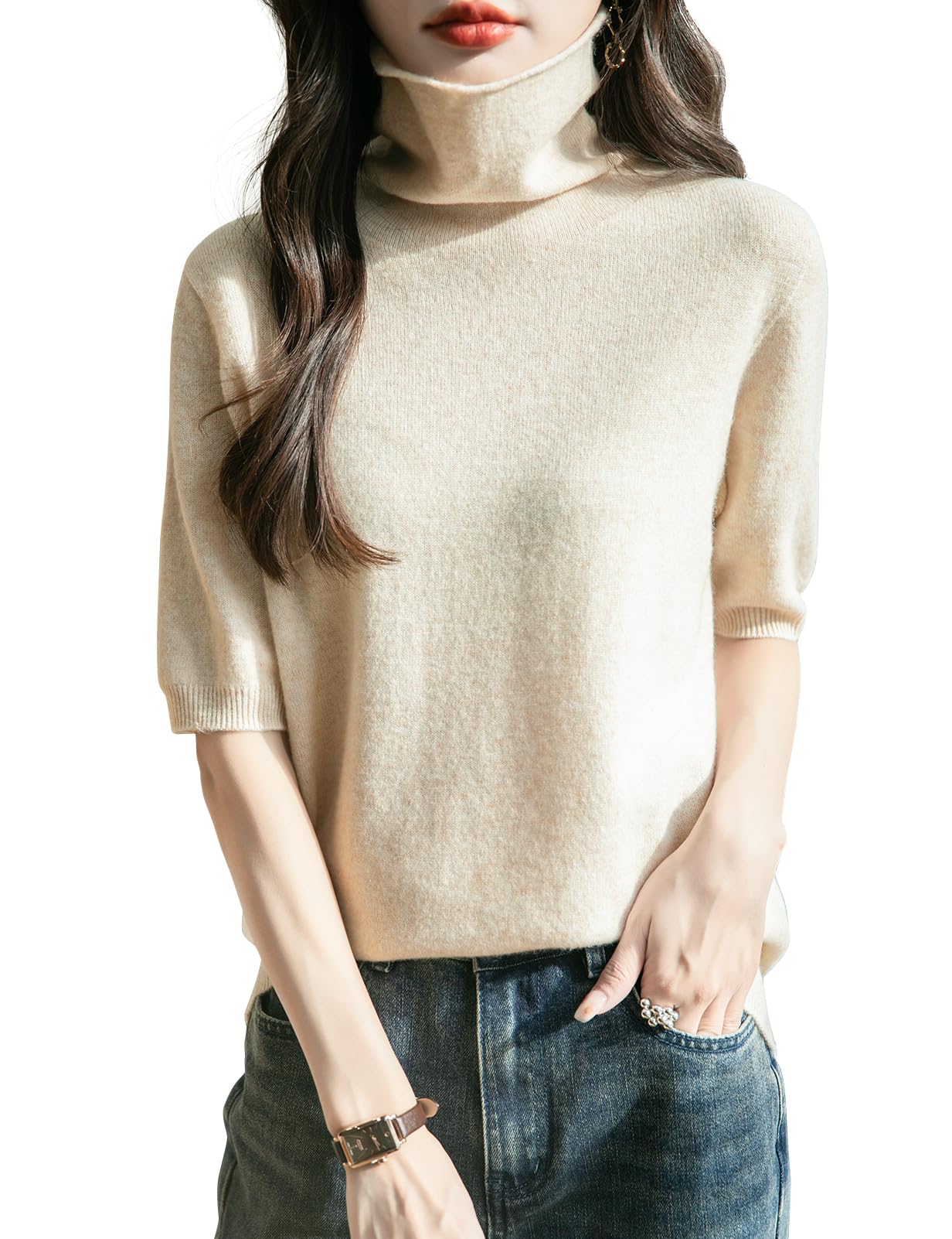 Chanyarn Damen 100% Merinowolle Kurzarm Pullover 2025 Frühjahr Sommer Winter Weich Leicht Rollkragen Nahtloser Strickpullover Sweatshirt