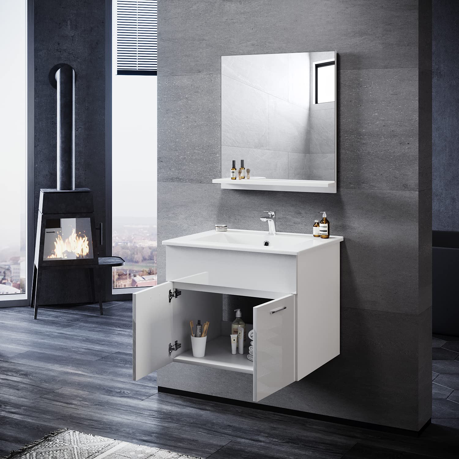 SONNI Badmöbel Set mit Waschbecken mit Unterschrank und Spiegel Badezimmermöbel 60cm Hochglanz 2-teilig
