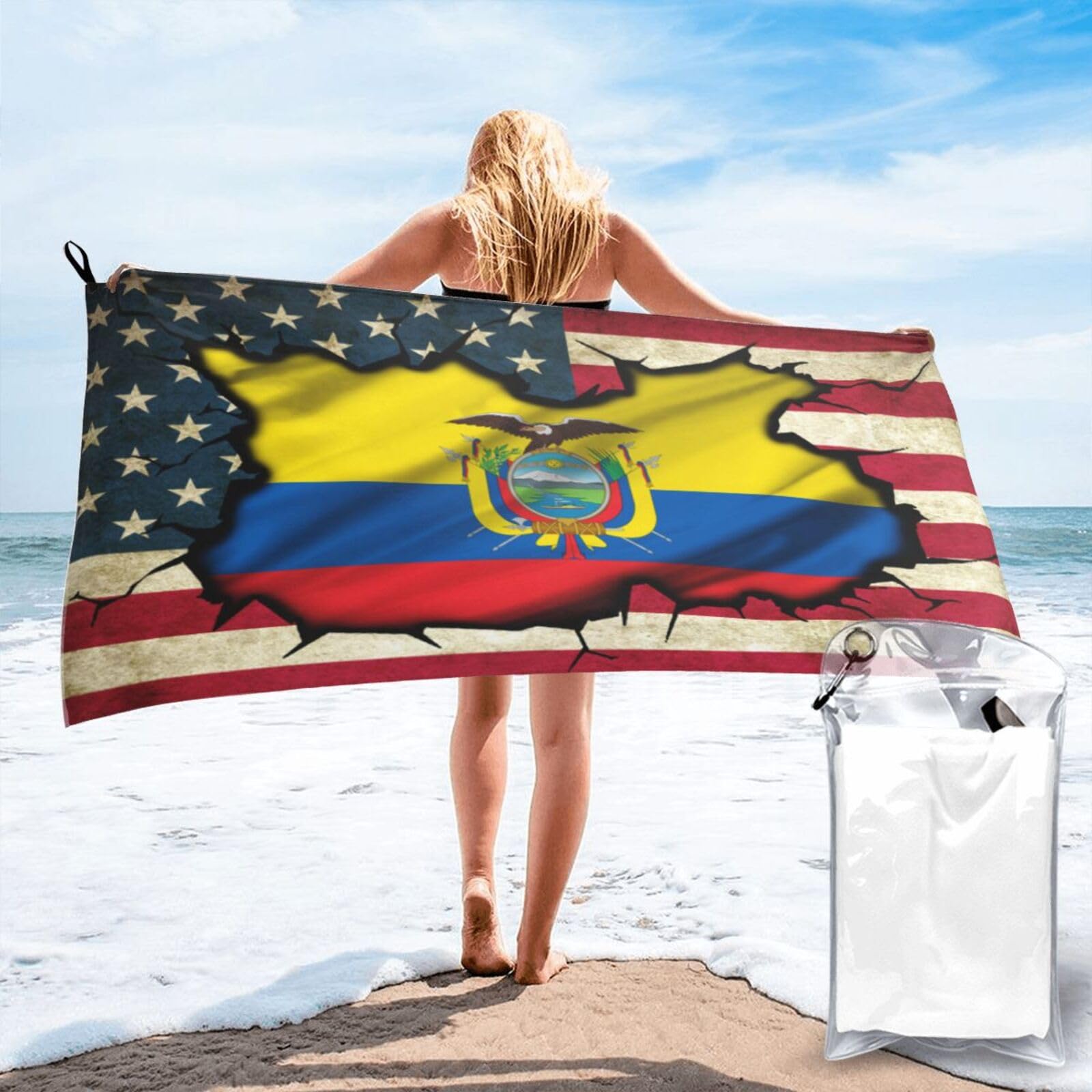 HACXZ Vintage America Flag and Ecuador Flag Absorbent Beach Towel Microfiber Beach Towel Lightweight 31.5"X63"