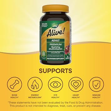 Nature's Way Alive! Adult Premium Multivitamin Gummy Supplement, Full B-Vitamin Complex, Supports Energy Metabolism & Heart Health*, Grape and Cherry Flavored, 90 Gummies (Packaging May Vary)