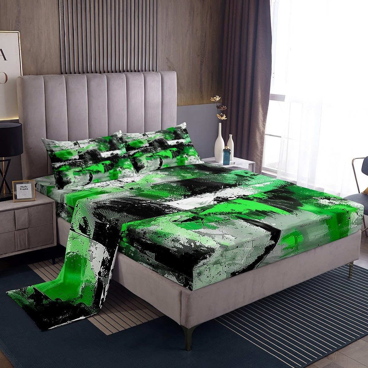 jejeloiu Black and Green Bed Sheets Set Twin Size Abstract Bed Set for Kids Boys Girls Modern Art Deep Pocket Fitted Sheet Breathable Soft Lightweight Microfiber