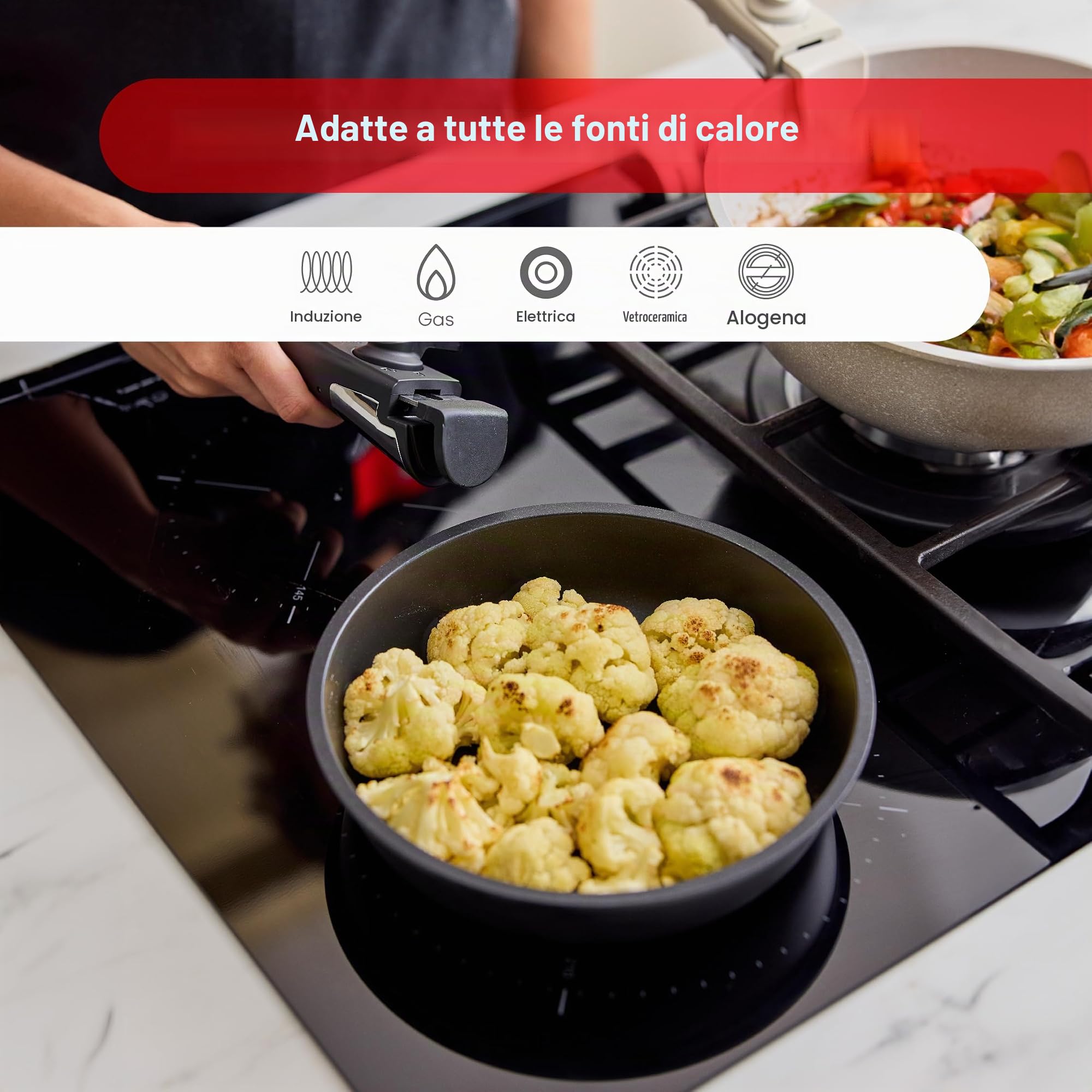 BERGNER- Set 10 PZS Pentole Easy Click Beige, Include padelle, casseruole, coperchi e utensili, Alluminio fuso, Rivestimento antiaderente in marmo, Maniglia staccabile
