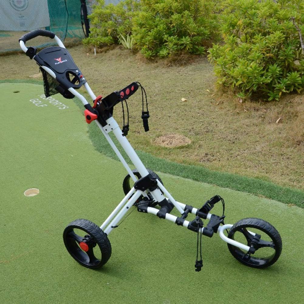 Carrello da Golf in Acciaio Deluxe a 3 Ruote, Carrello Pieghevole - Carrello Leggero e Compatto, con ombrellone e Porta Tee
