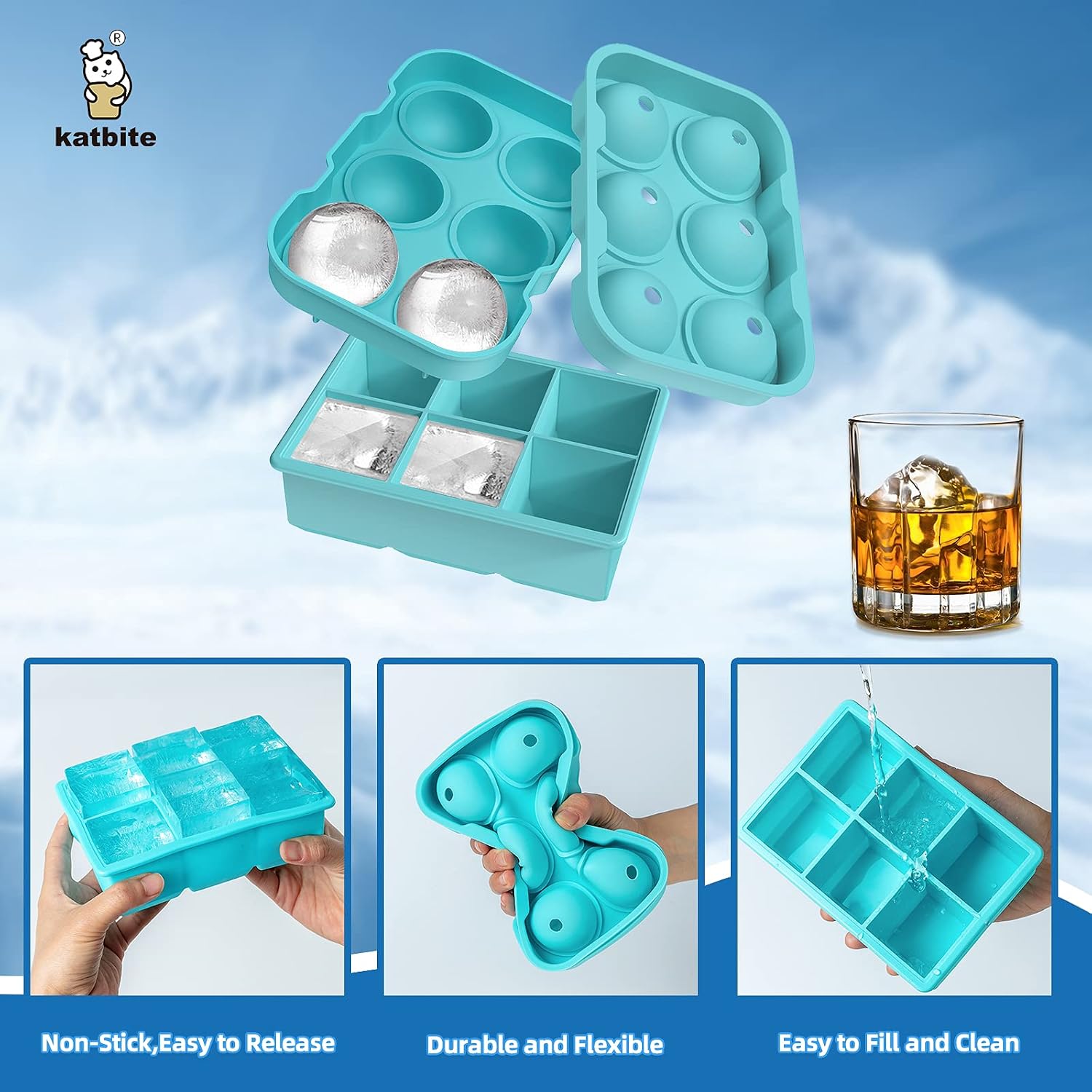 Silicone Ice Cube Tray, Katbite Large Ice Cube Tray for Freezer, Whiskey Round Ice Cube Mold for Cocktail, Red Wine, Non-stick Easy to Relased