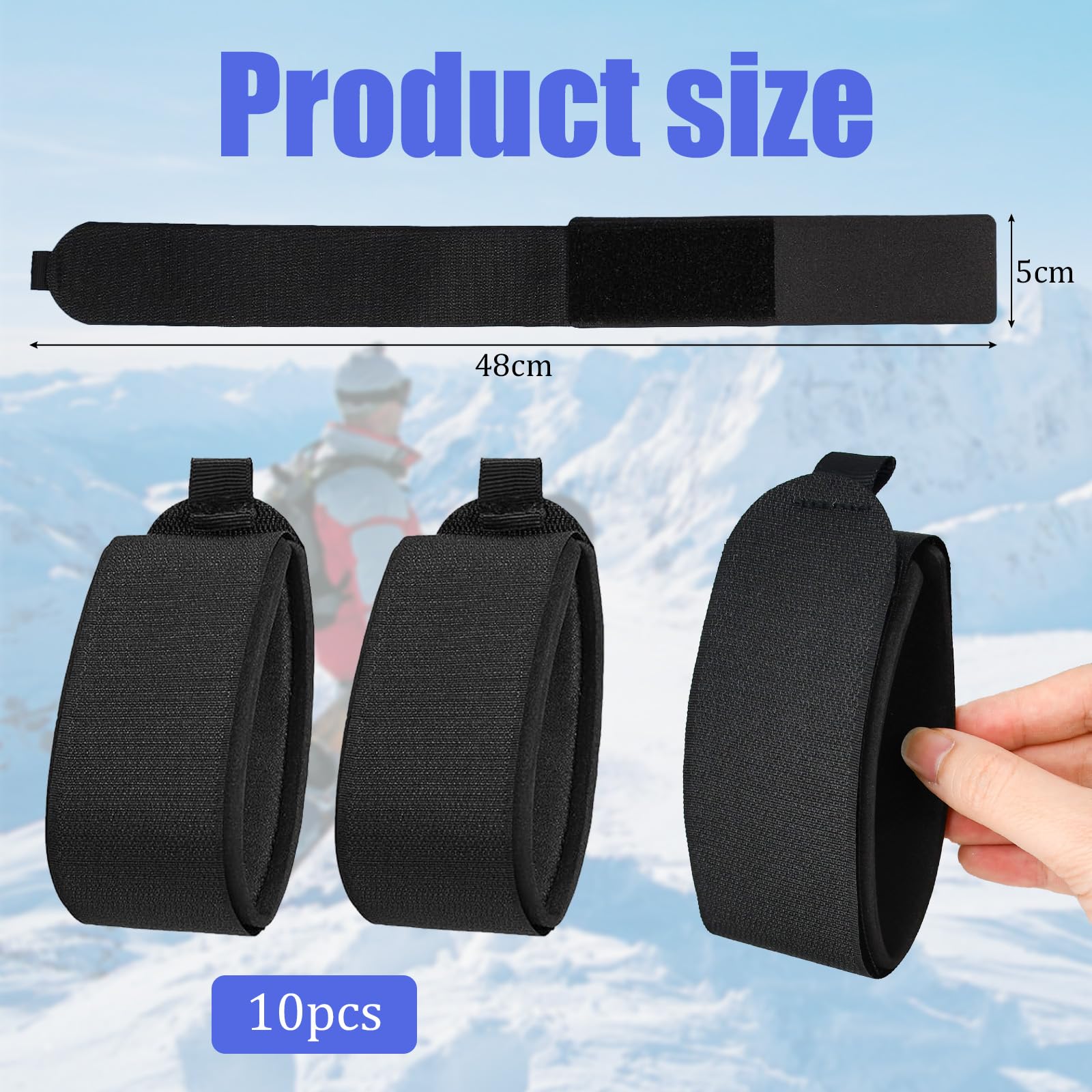 10 PCS Sangles Fixation Skis 5 * 48cm Sangle Ski Réglables Ruban Fixation Skis Fixations de Ski Autocollantes Sangle Porte Ski Fixation Ski pour Skis Luges, Noir