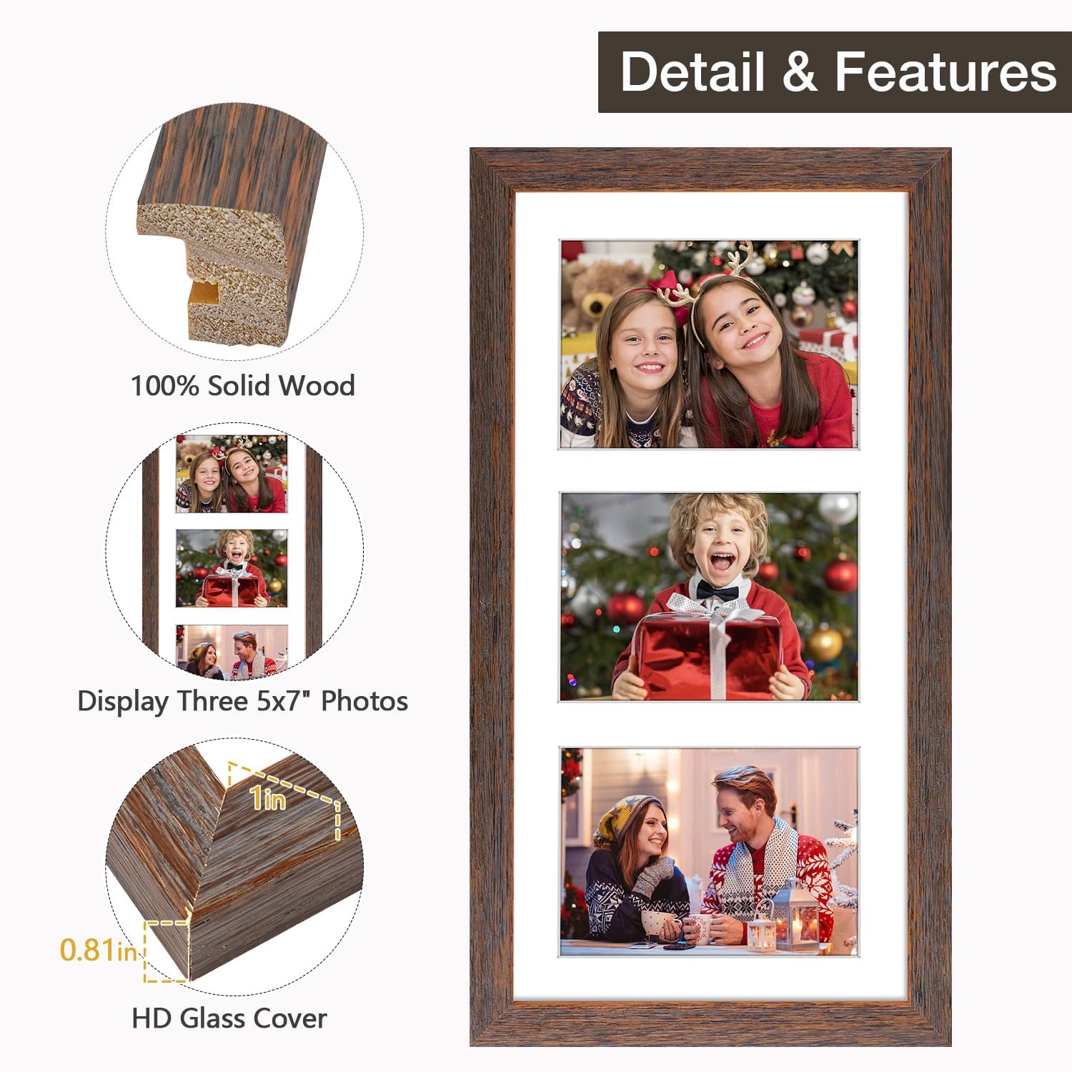 Golden State Art, 9x18 Distressed Brown Wood Frame - White Mat for Three 5x7 Pictures - Sawtooth Hangers- Swivel Tabs - Wall Mounting - Landscape/Portrait - Real Glass - Collage Frame, 1 Pack