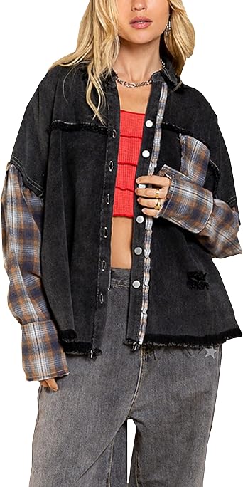 Sleeve Patchwork Jean Jacket Shacket 
