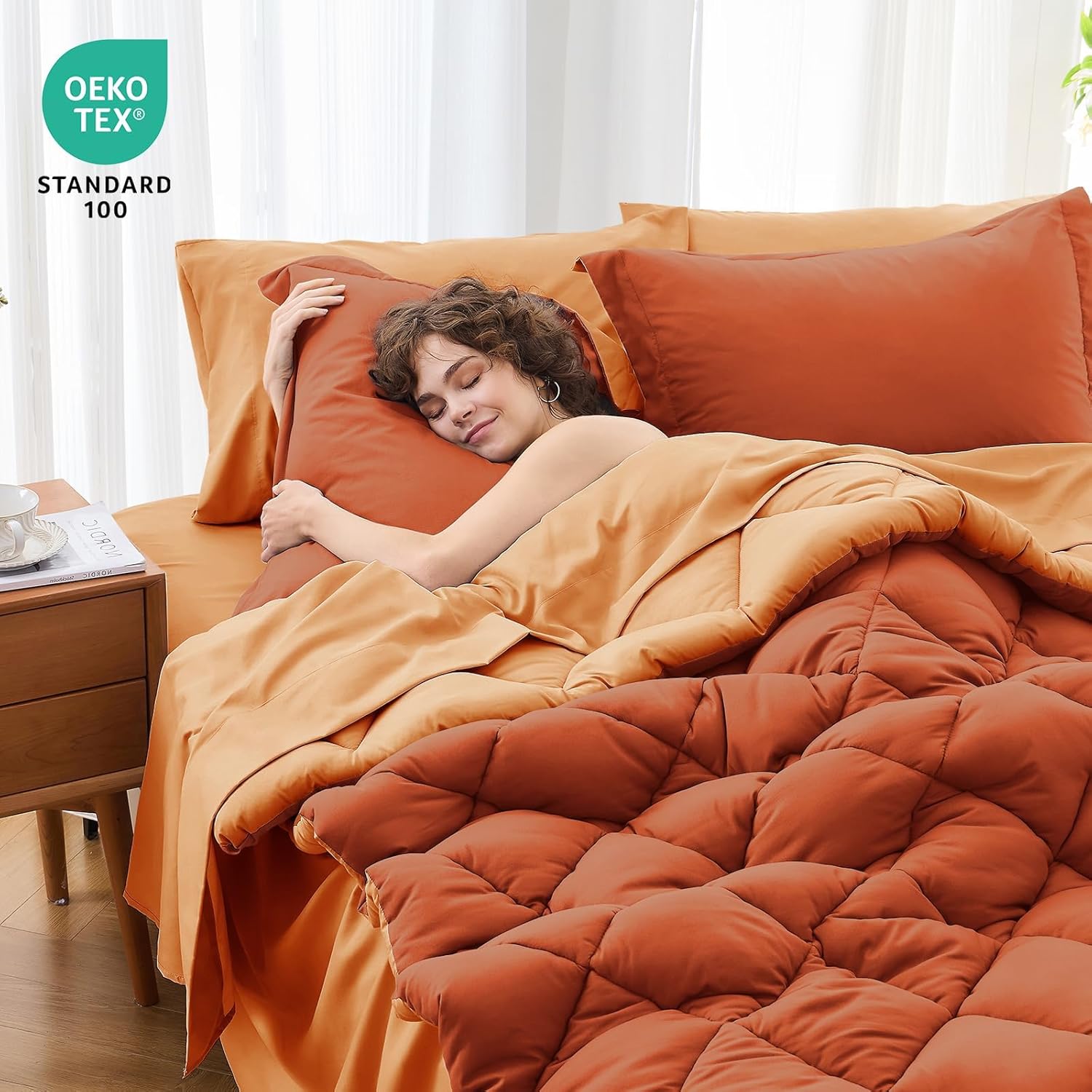 MUXHOMO 5 Pieces Twin Comforter Set, Reversible Bed in a Bag Twin Size, All Season Bedding Set with Comforter, Flat Sheet, Fitted Sheet, Pillowcases & Shams, Burnt Orange & Camel - Image 4