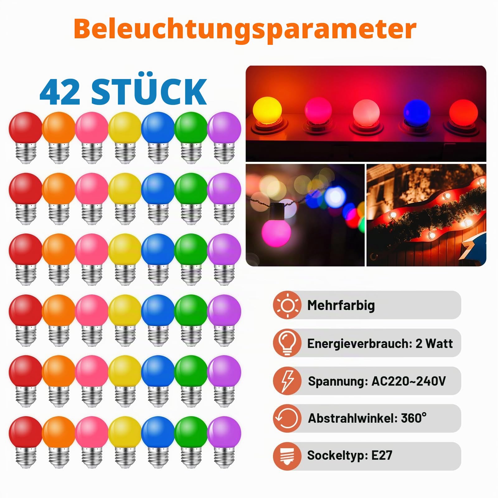 42er Pack Bunte Glühbirnen E27 LED Birne 2W,Farbige Glühbirne E27 Außen,G45 Bunt Leuchtmittel für Lichterkette Party Weihnachten Deko,Rot Grün Blau Orange Gelb Rosa Violett,Kunststoff
