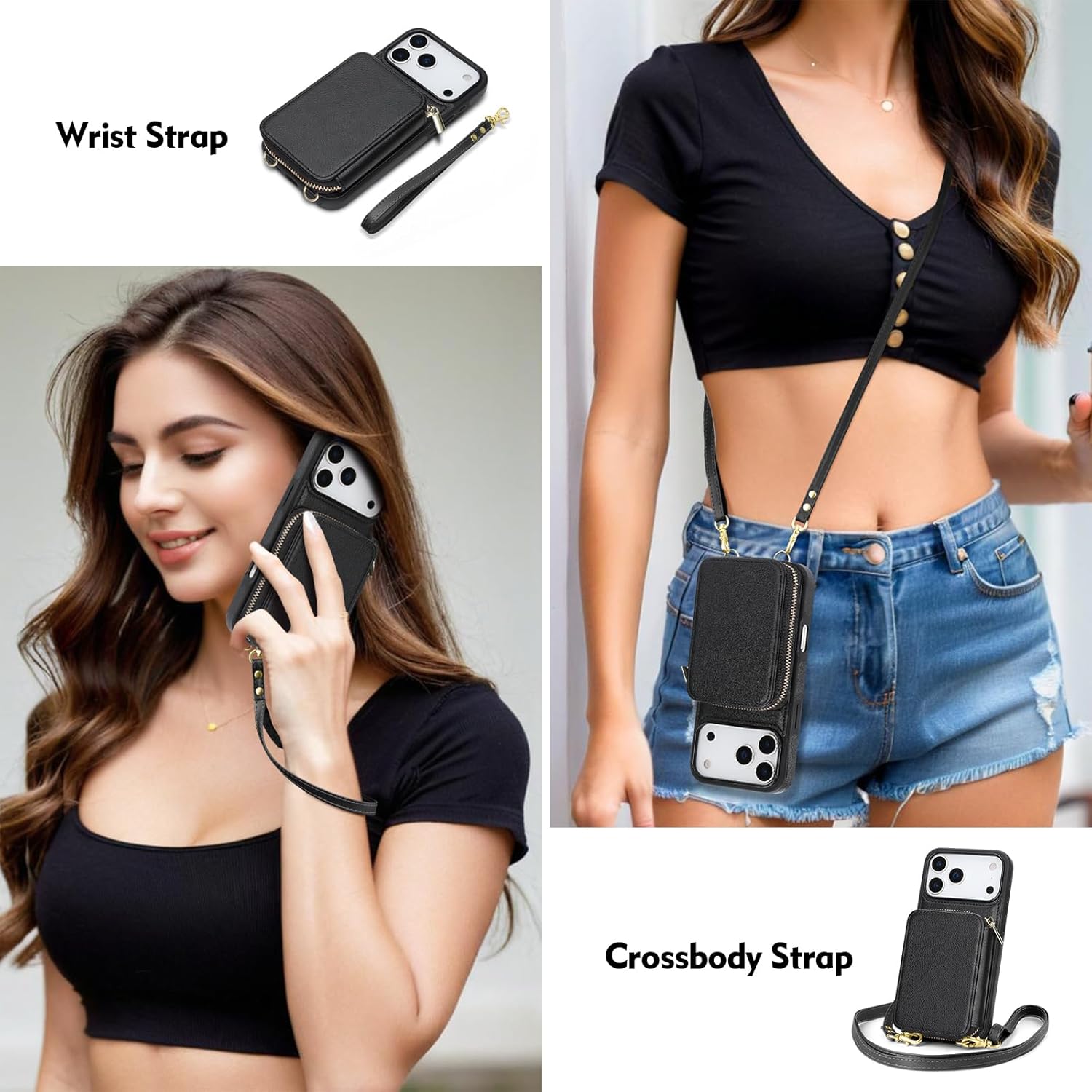 Compatible with iPhone 17 Pro Max Wallet Case Women,RFID Blocking Crossbody Phone Purse Case PU Leather Zipper Handbag Wrist Strap Cover Credit Card Holder,for Apple 17 Pro Max,Black - Image 4